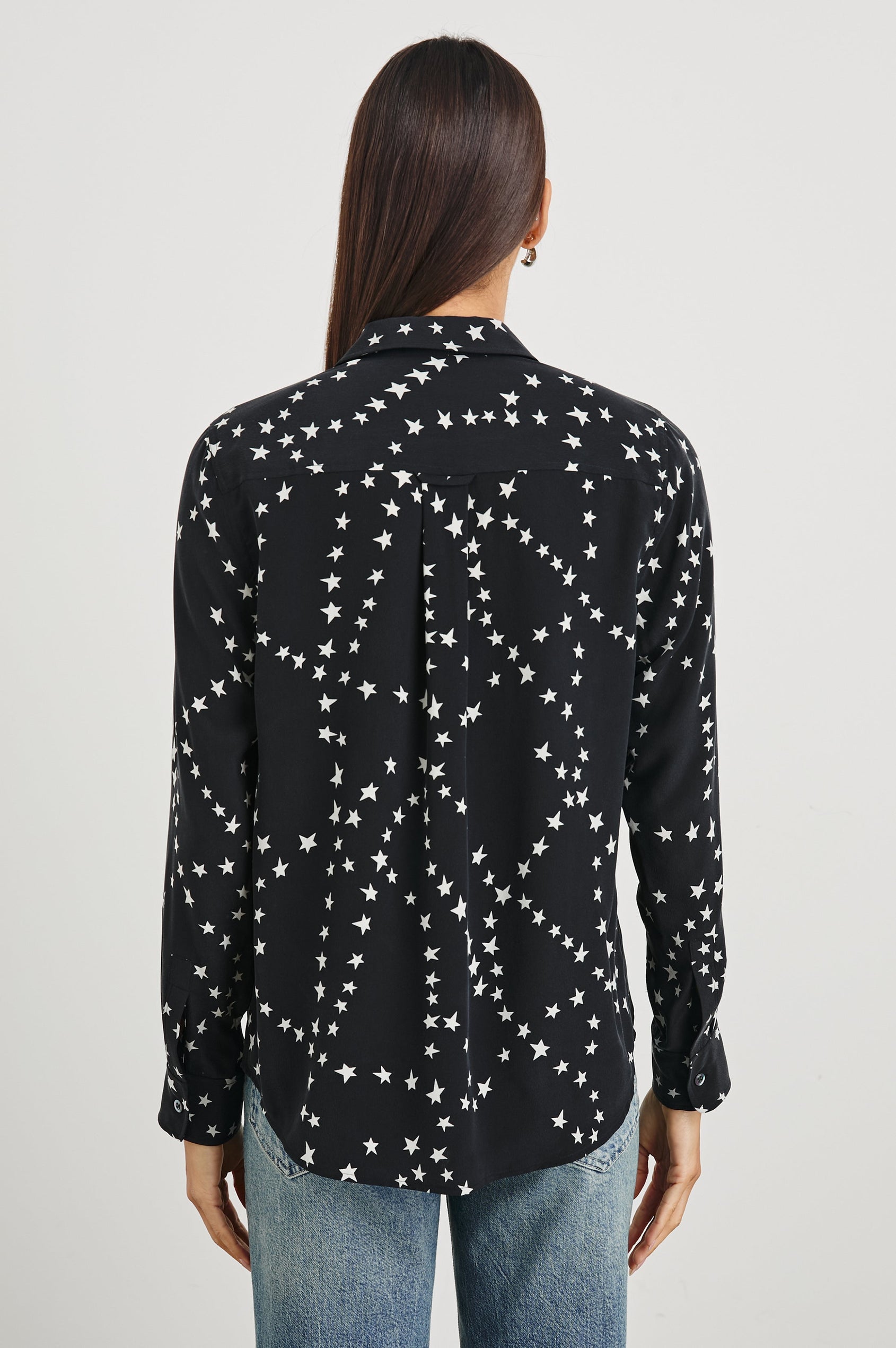 Kate Long Sleeve Button up with a Chest Patch Pocket in Black Star Chain Colorway, White Stars on Black - Back View Featured on Model