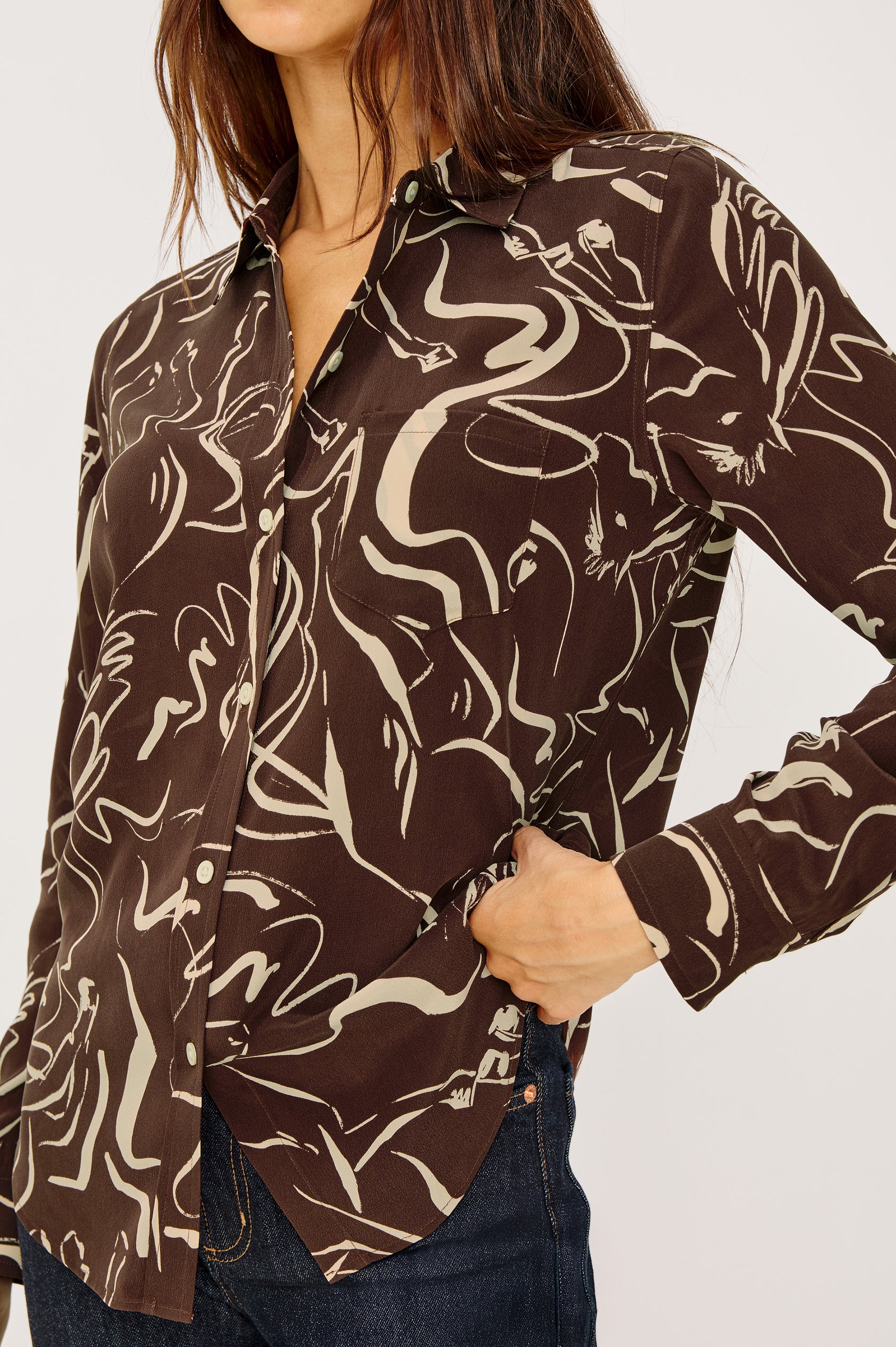 Kate Button-Up Collared Shirt in Washed Silk With Front Buttons, Long Sleeves, and Chest Patch Pocket in Brown Colt Colorway - Upper Body Close Up Front View Featured on Model