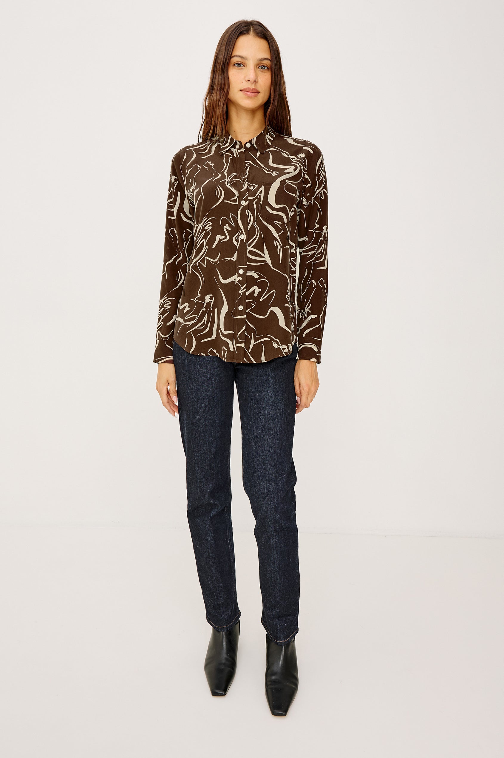 Kate Button-Up Collared Shirt in Washed Silk With Front Buttons, Long Sleeves, and Chest Patch Pocket in Brown Colt Colorway - Full Body Front View Featured on Model