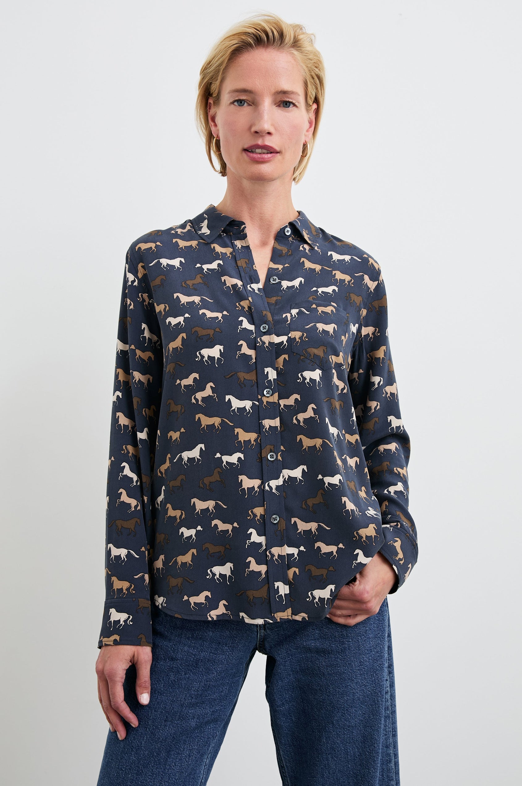Kate Long Sleeve Button up with a Chest Patch Pocket in Horses Colorway, Horses in browns and white on Navy - Front View Featured on Model