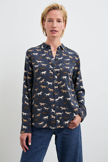 Kate Long Sleeve Button up with a Chest Patch Pocket in Horses Colorway, Horses in browns and white on Navy - Front View Featured on Model