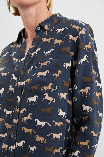 Kate Long Sleeve Button up with a Chest Patch Pocket in Horses Colorway, Horses in browns and white on Navy - Front View Featured on Model