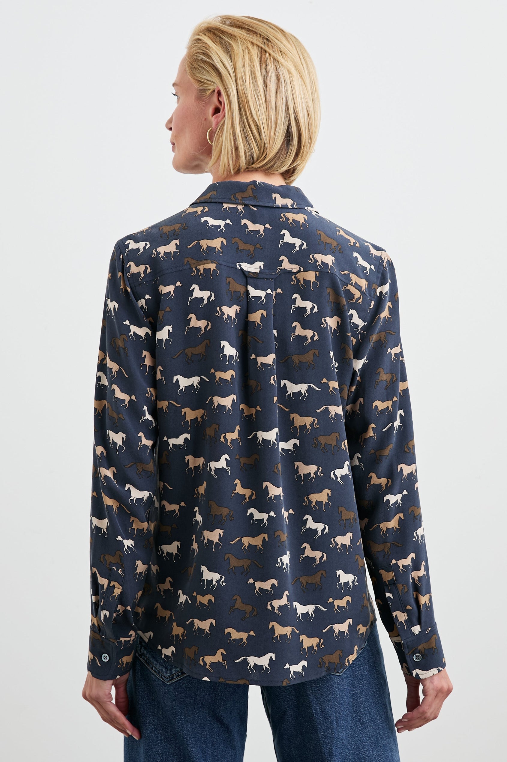 Kate Long Sleeve Button up with a Chest Patch Pocket in Horses Colorway, Horses in browns and white on Navy - Back View Featured on Model
