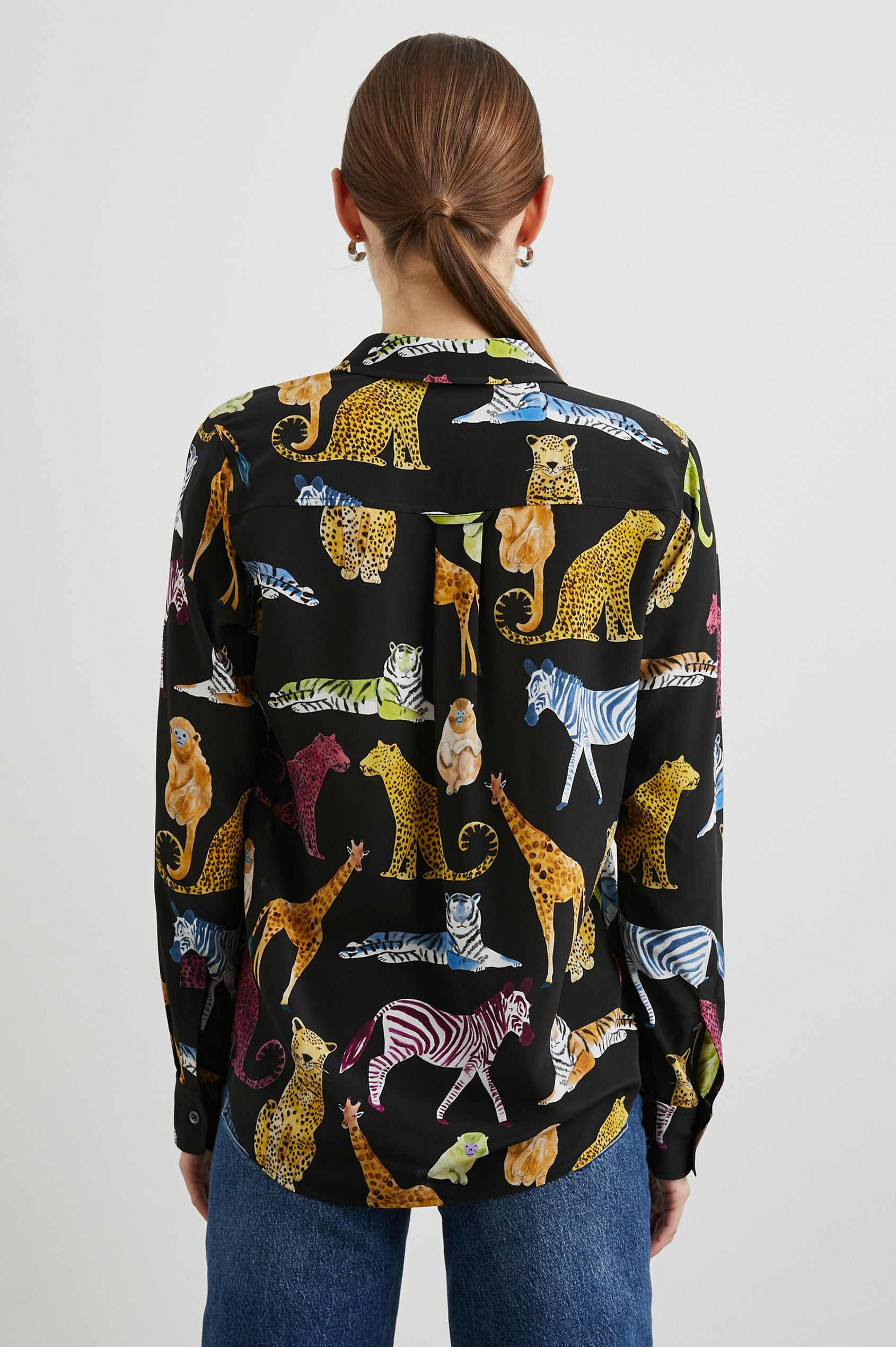 Kate Long Sleeve Button up with a Chest Patch Pocket in Illustrated Animals Colorway, Wild Animals on Black - Back View Featured on Model