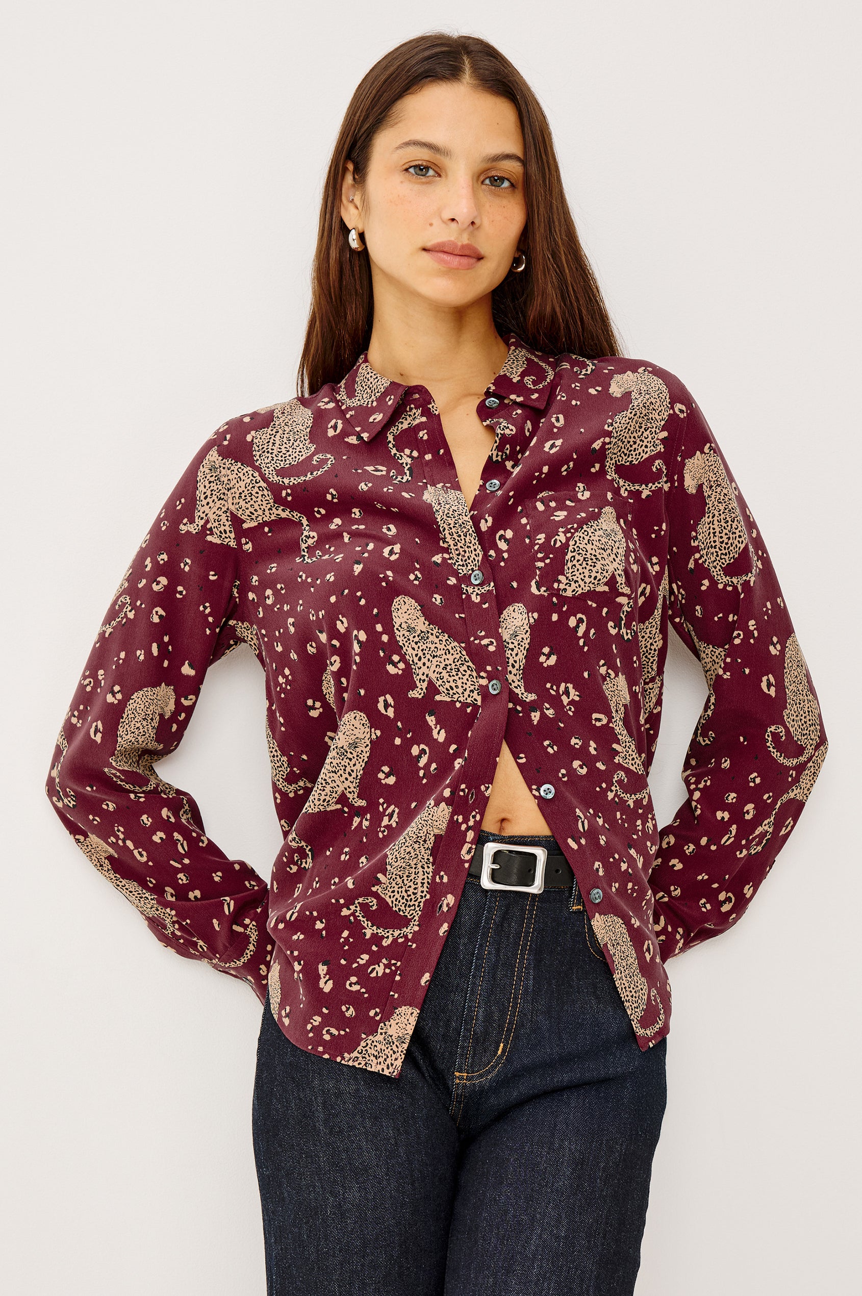 Kate Button-Up Collared Shirt in Washed Silk With Front Buttons, Long Sleeves, and Chest Patch Pocket in Oxblood Leopard Colorway - Upper Body Front View Featured on Model