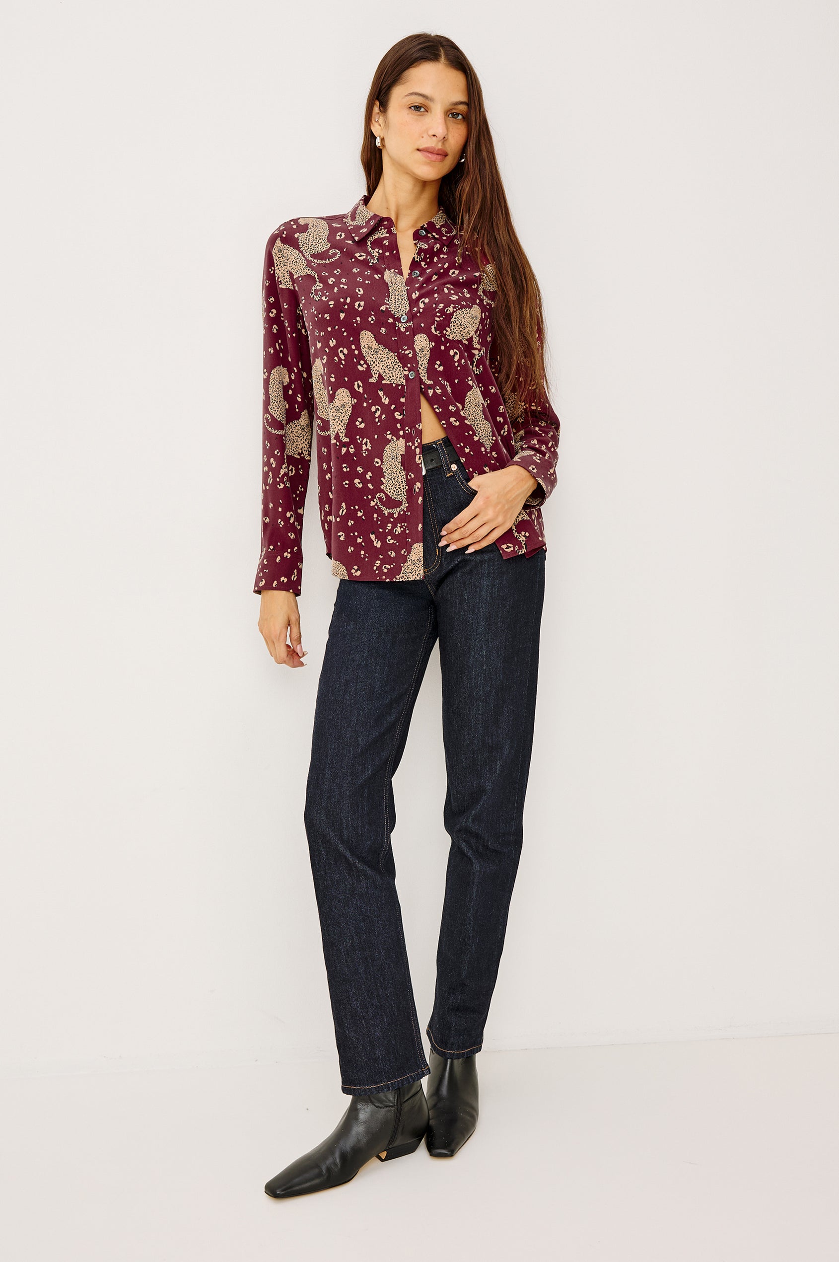 Kate Button-Up Collared Shirt in Washed Silk With Front Buttons, Long Sleeves, and Chest Patch Pocket in Oxblood Leopard Colorway - Full Body Front View Featured on Model