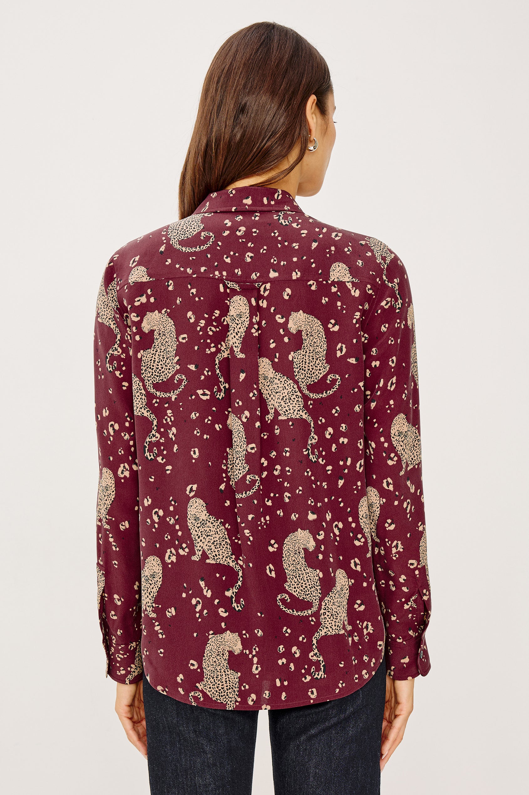 Kate Button-Up Collared Shirt in Washed Silk With Front Buttons, Long Sleeves, and Chest Patch Pocket in Oxblood Leopard Colorway - Upper Body Back View Featured on Model