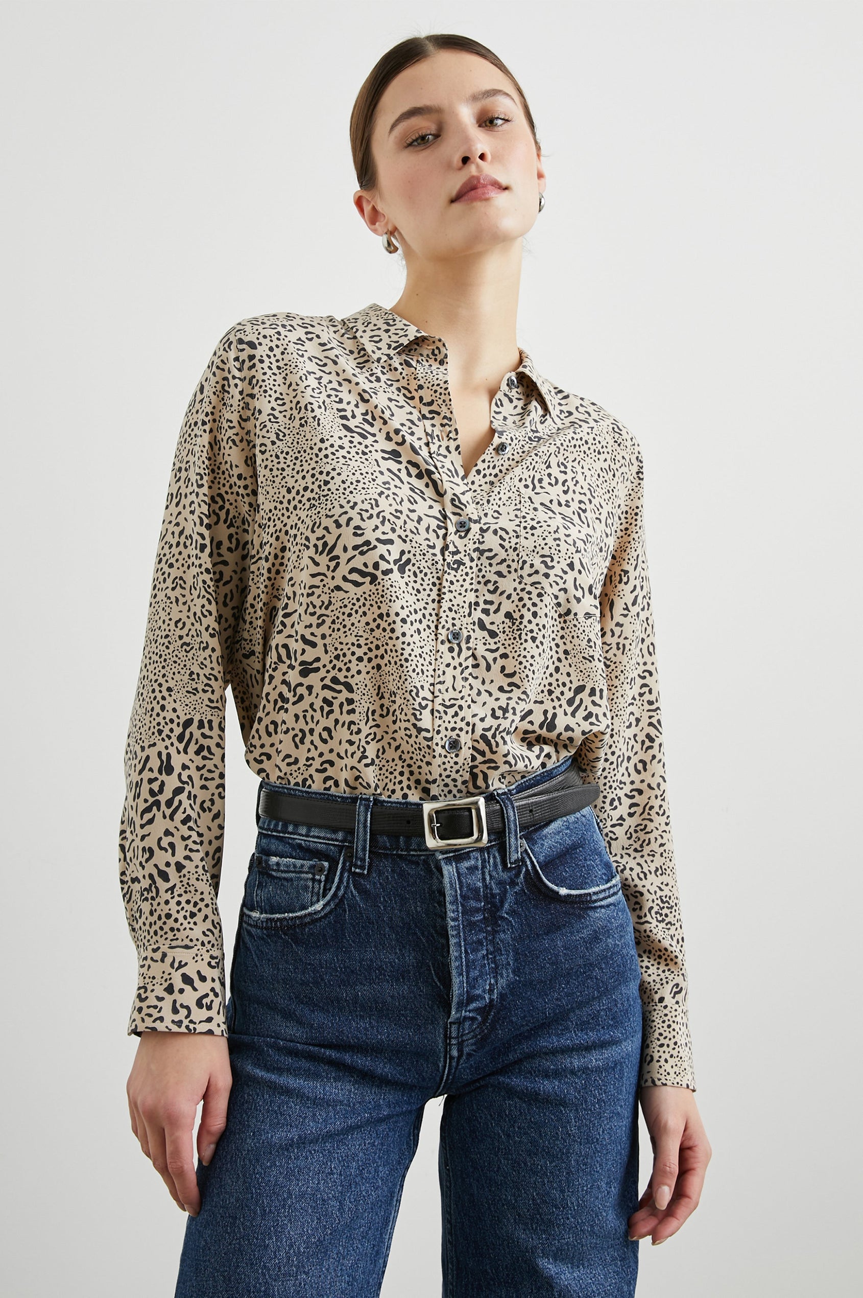 Kate Long Sleeve Button up with a Chest Patch Pocket in Sand Mixed Cheetah Colorway, Black Cheetah Spots on Sand - Front Tucked View Featured on Model