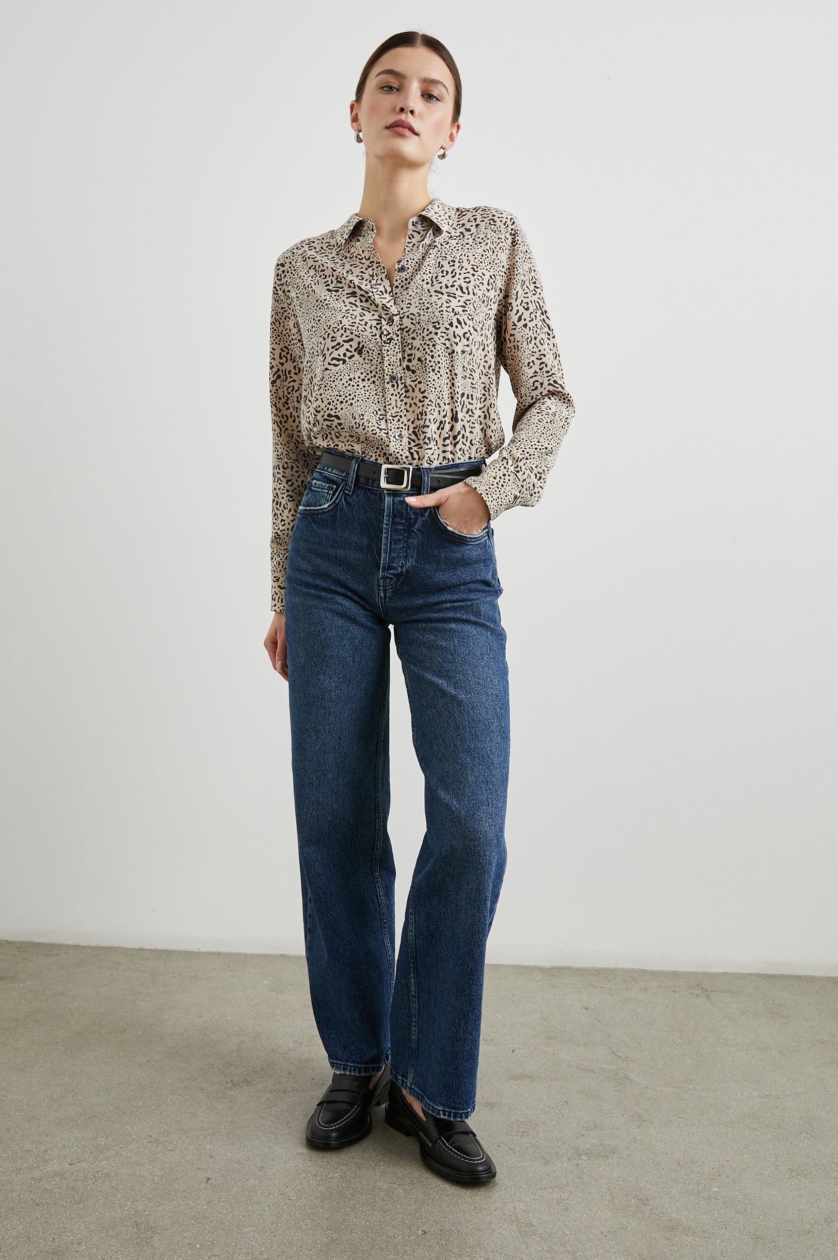 Kate Long Sleeve Button up with a Chest Patch Pocket in Sand Mixed Cheetah Colorway, Black Cheetah Spots on Sand - Front Tucked Full Body View Featured on Model