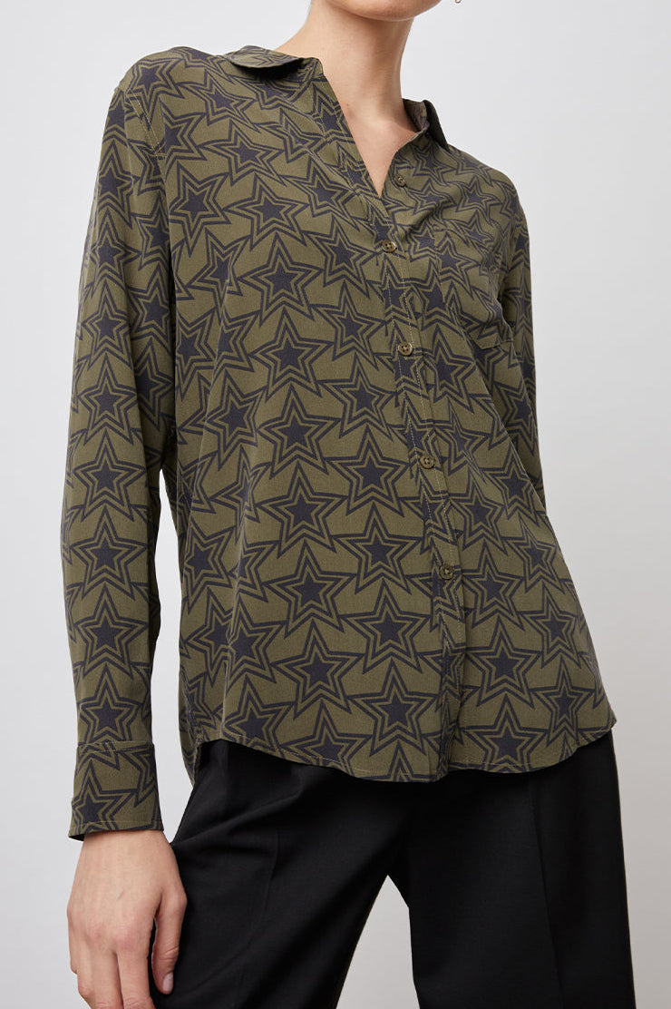 Kate Long Sleeve Button up with a Chest Patch Pocket in Olive Stargaze Colorway, Black Stars on Olive  - Front View Featured on Model