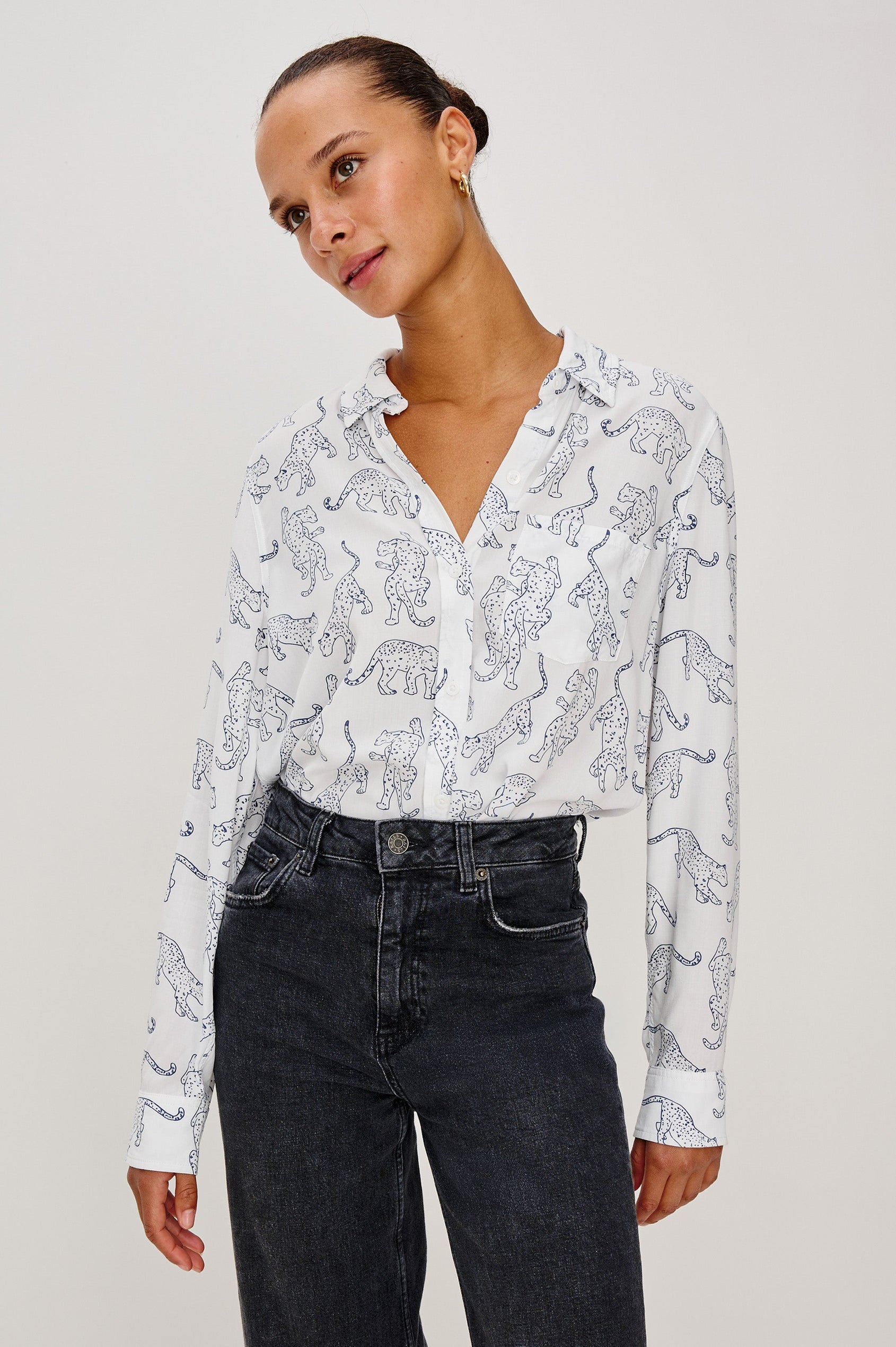 Kathryn Long-Sleeve Button up with a Chest Patch Pocket in Cobalt Jaguar Colorway, with lightly sketched jaguar pattern - Front View Featured on Model, Shirt tucked in