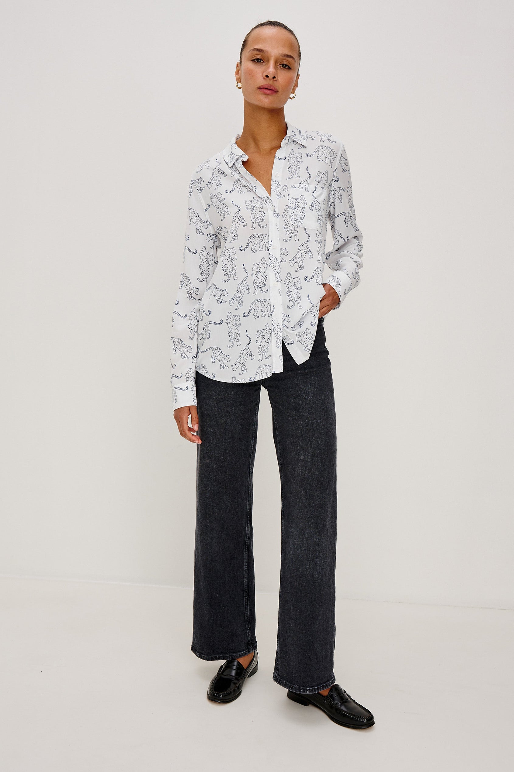 Kathryn Long-Sleeve Button up with a Chest Patch Pocket in Cobalt Jaguar Colorway, with lightly sketched jaguar pattern - Full body Front View on Model, Shirt Untucked