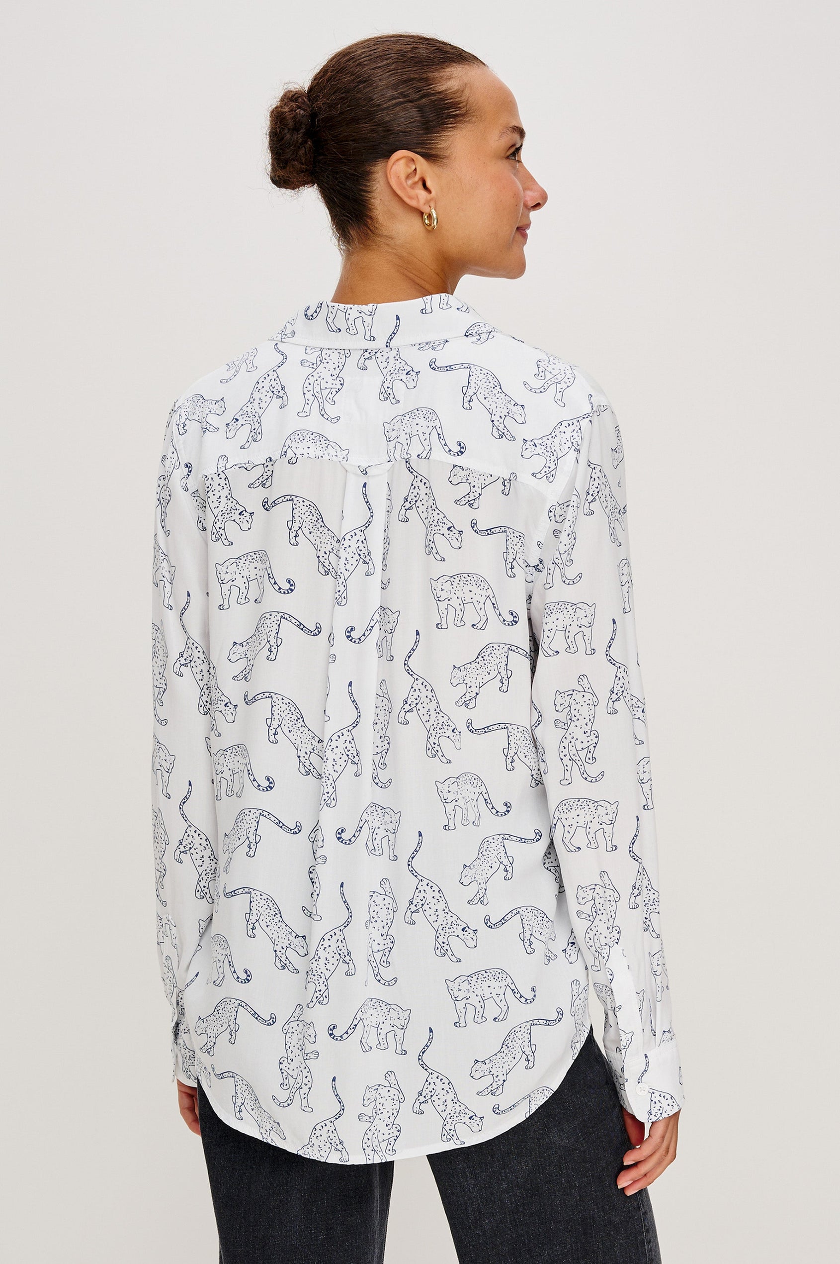 Kathryn Long-Sleeve Button up with a Chest Patch Pocket in Cobalt Jaguar Colorway, with lightly sketched jaguar pattern - Back View on Model