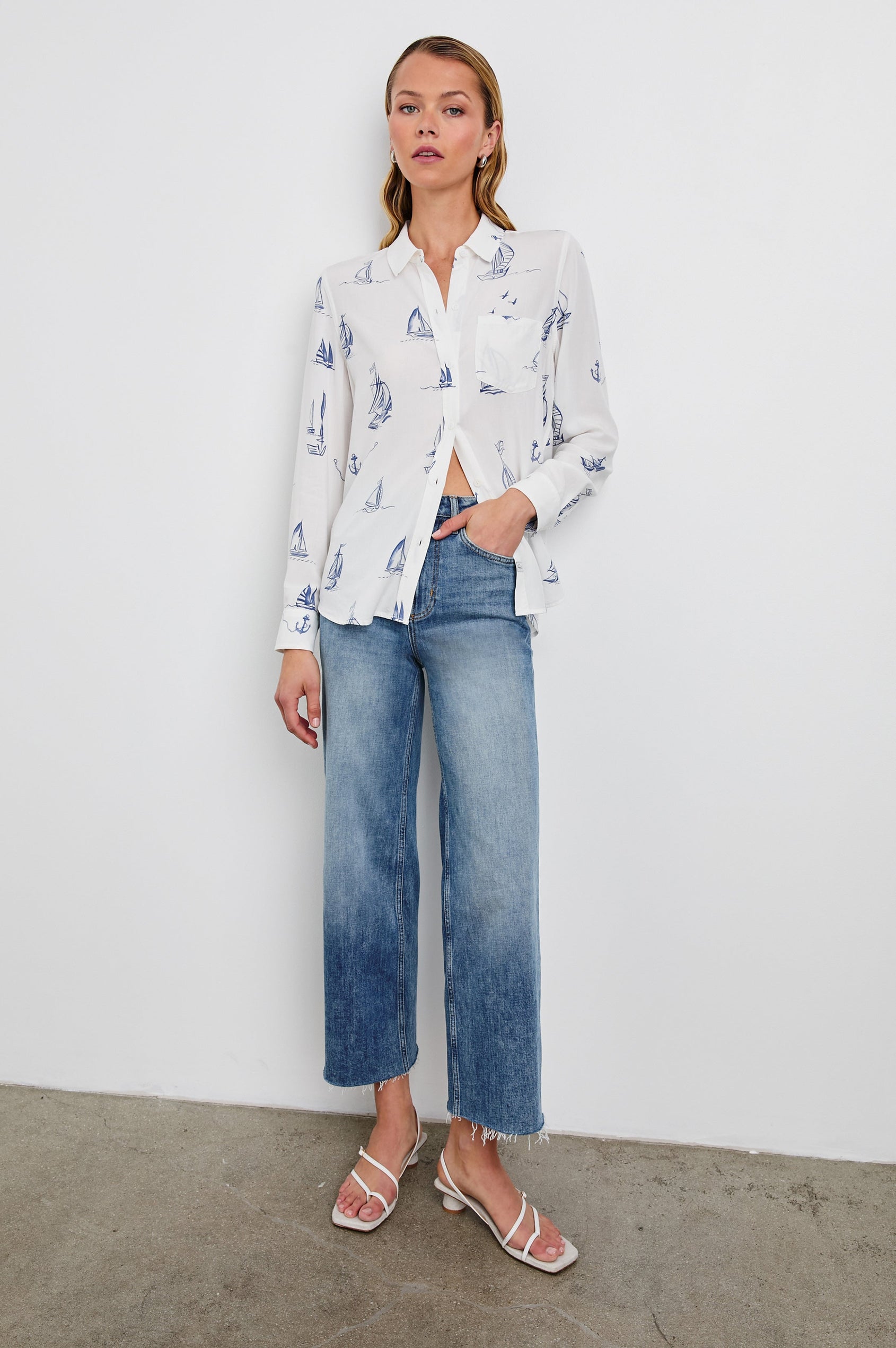 Kathryn Long-Sleeve Button up with a Chest Patch Pocket in Sailboats Colorway, blue sailboats on ivory - Front Full Body View Featured on Model