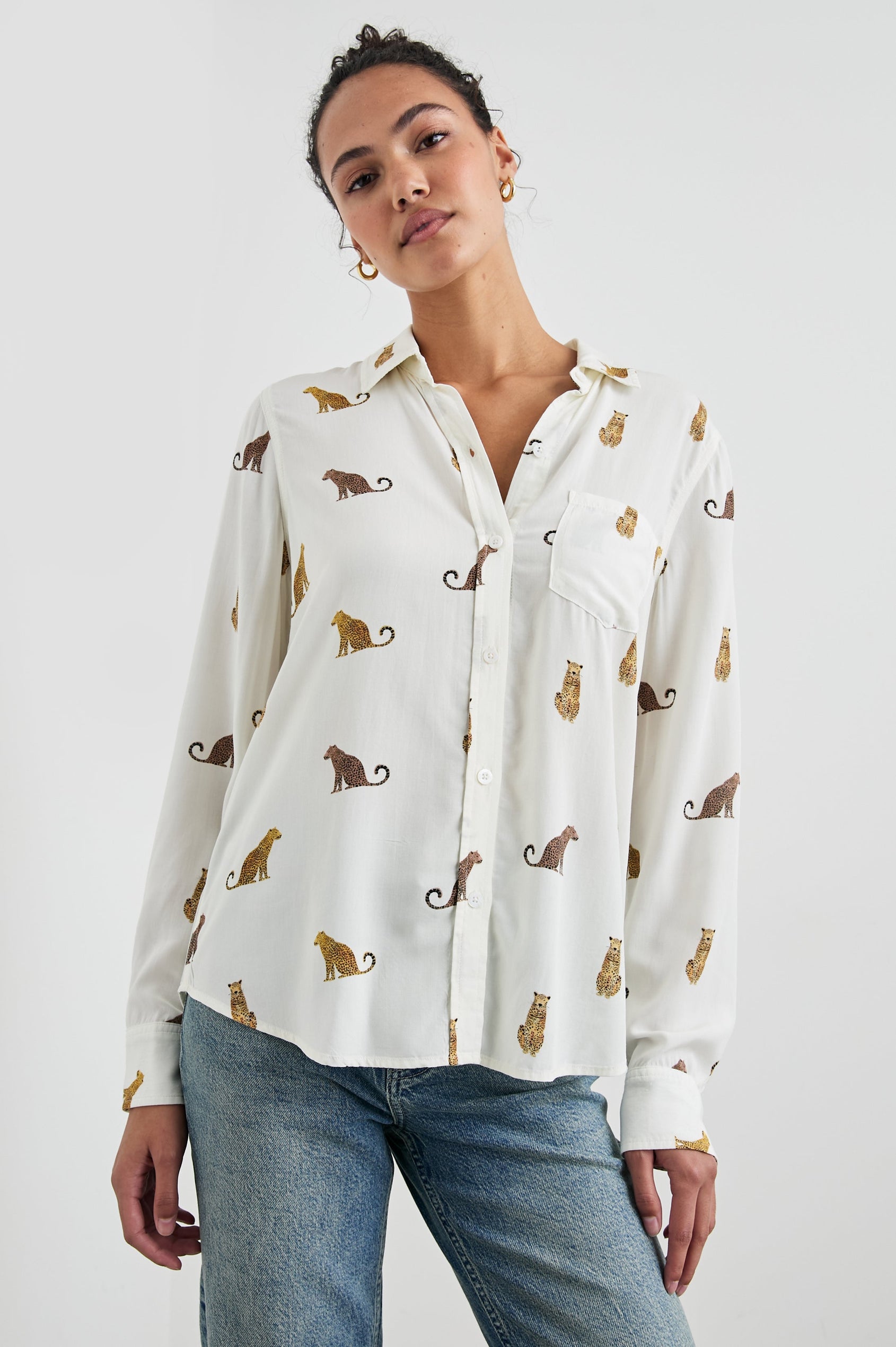 Kathryn Long-Sleeve Button up with a Chest Patch Pocket in Wild Animals Colorway, with Cheetahs in Browns on ivory - Front View Featured on Model