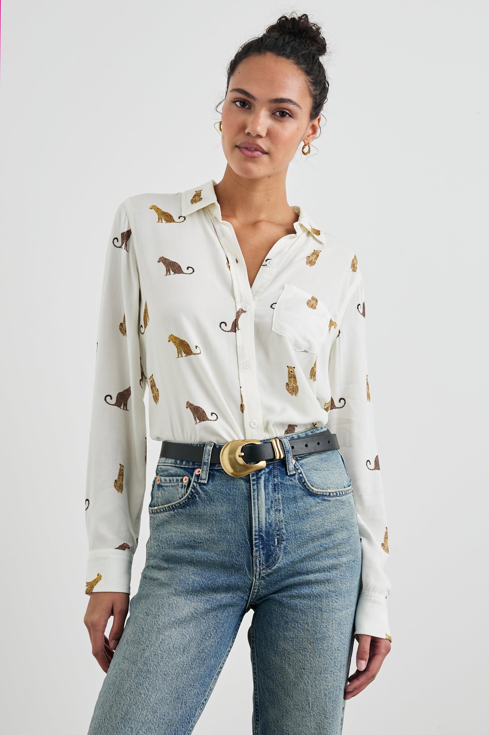 Kathryn Long-Sleeve Button up with a Chest Patch Pocket in Wild Animals Colorway, with Cheetahs in Browns on ivory - Front View Featured on Model