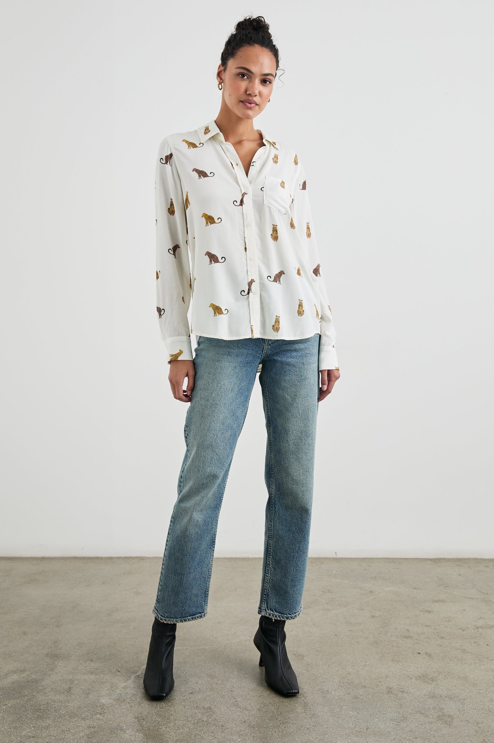 Kathryn Long-Sleeve Button up with a Chest Patch Pocket in Wild Animals Colorway, with Cheetahs in Browns on ivory - Front Full Body View Featured on Model
