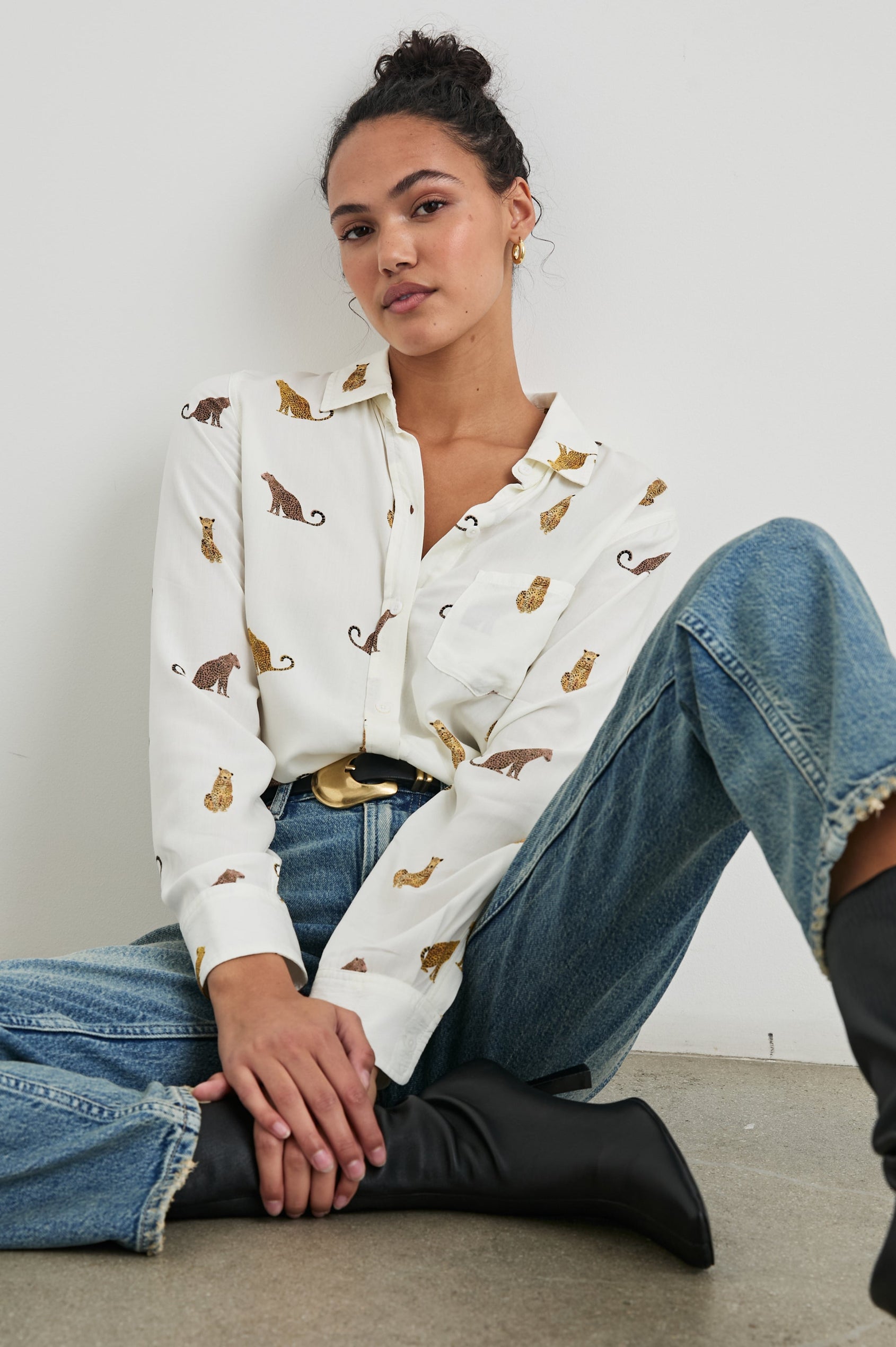 Kathryn Long-Sleeve Button up with a Chest Patch Pocket in Wild Animals Colorway, with Cheetahs in Browns on ivory - Front View Featured on Model