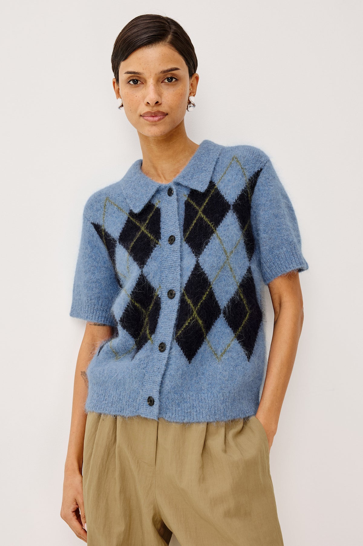 Kelly Cardigan Sweater in Fluffy Alpaca Blend With Slightly Cropped Boxy Fit, Collar, Short Sleeves, and Front Buttons in Argyle Colorway - Upper Body Front View Featured on Model