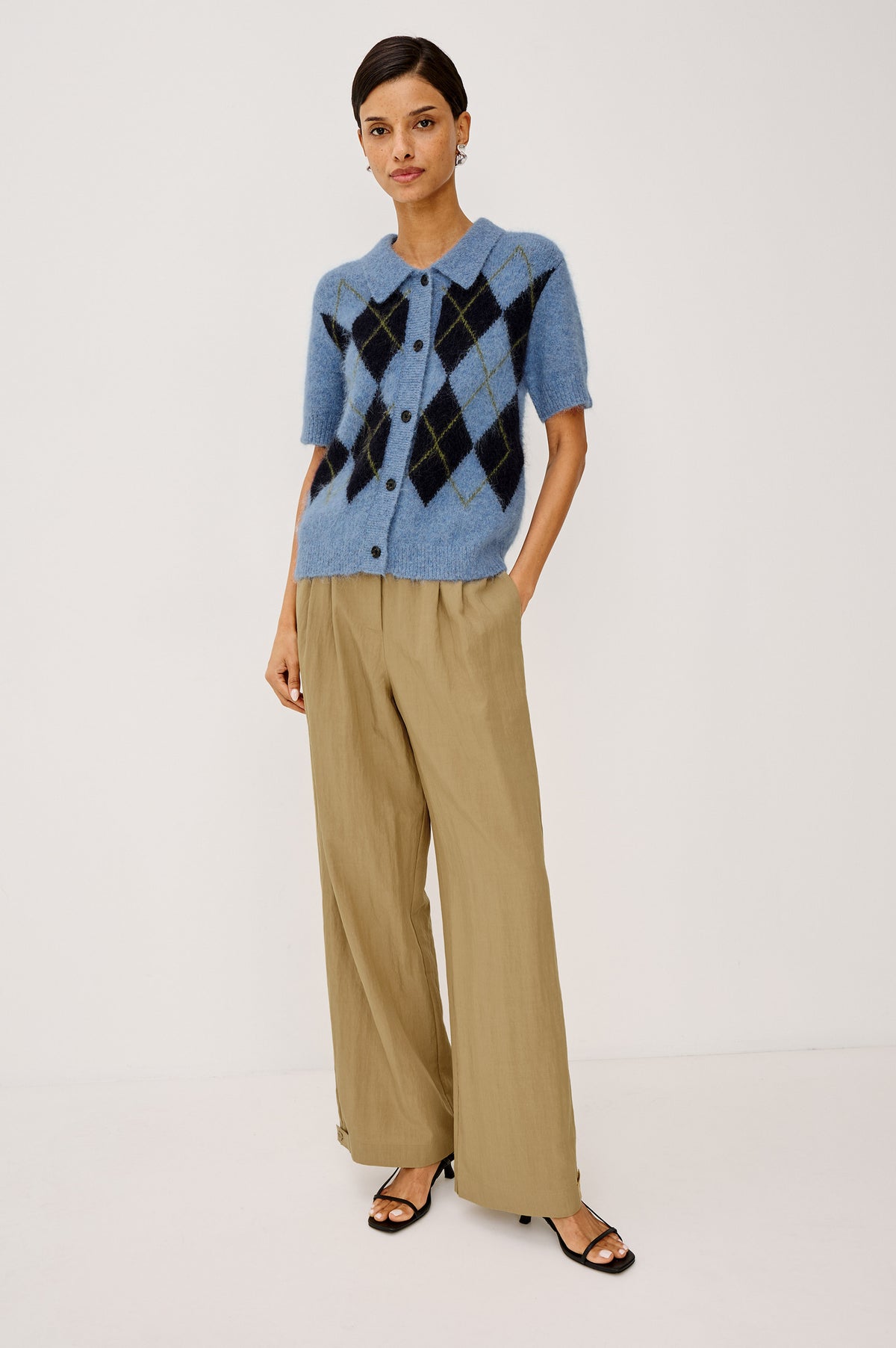 Kelly Cardigan Sweater in Fluffy Alpaca Blend With Slightly Cropped Boxy Fit, Collar, Short Sleeves, and Front Buttons in Argyle Colorway - Full Body Front View Featured on Model