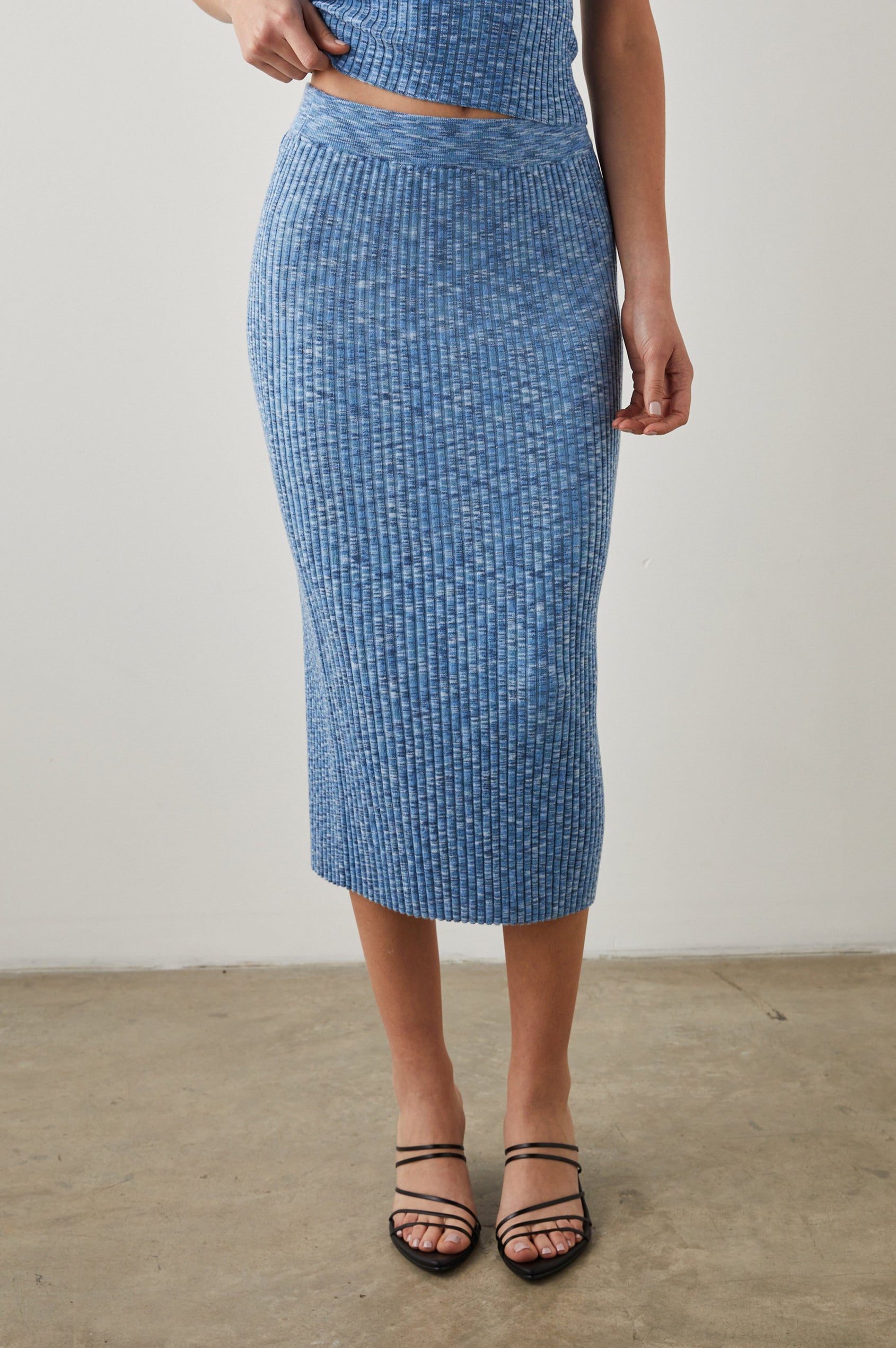 Kendall Ribbed Midi Skirt in Blue Multi Space Dye Colorway, with Multiple Blues - Front View Featured on Model 