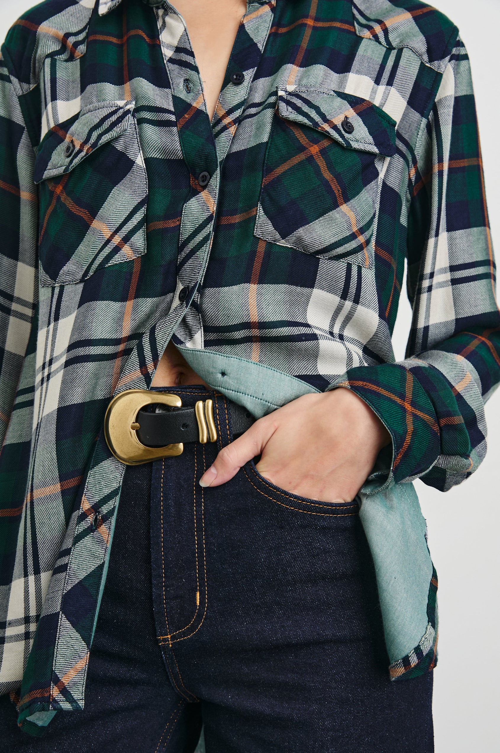 Kendra Long-Sleeve Button Up with Two Chest Button Flap Pockets in Forest Navy Stone Colorway, a Plaid with an Interior Black and White Plaid - Front  View Featured on Model