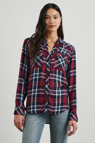 Kendra Long-Sleeve Button Up with Two Chest Button Flap Pockets in Navy Red White Colorway, a Plaid with an Interior Black and White Plaid - Front View Featured on Model
