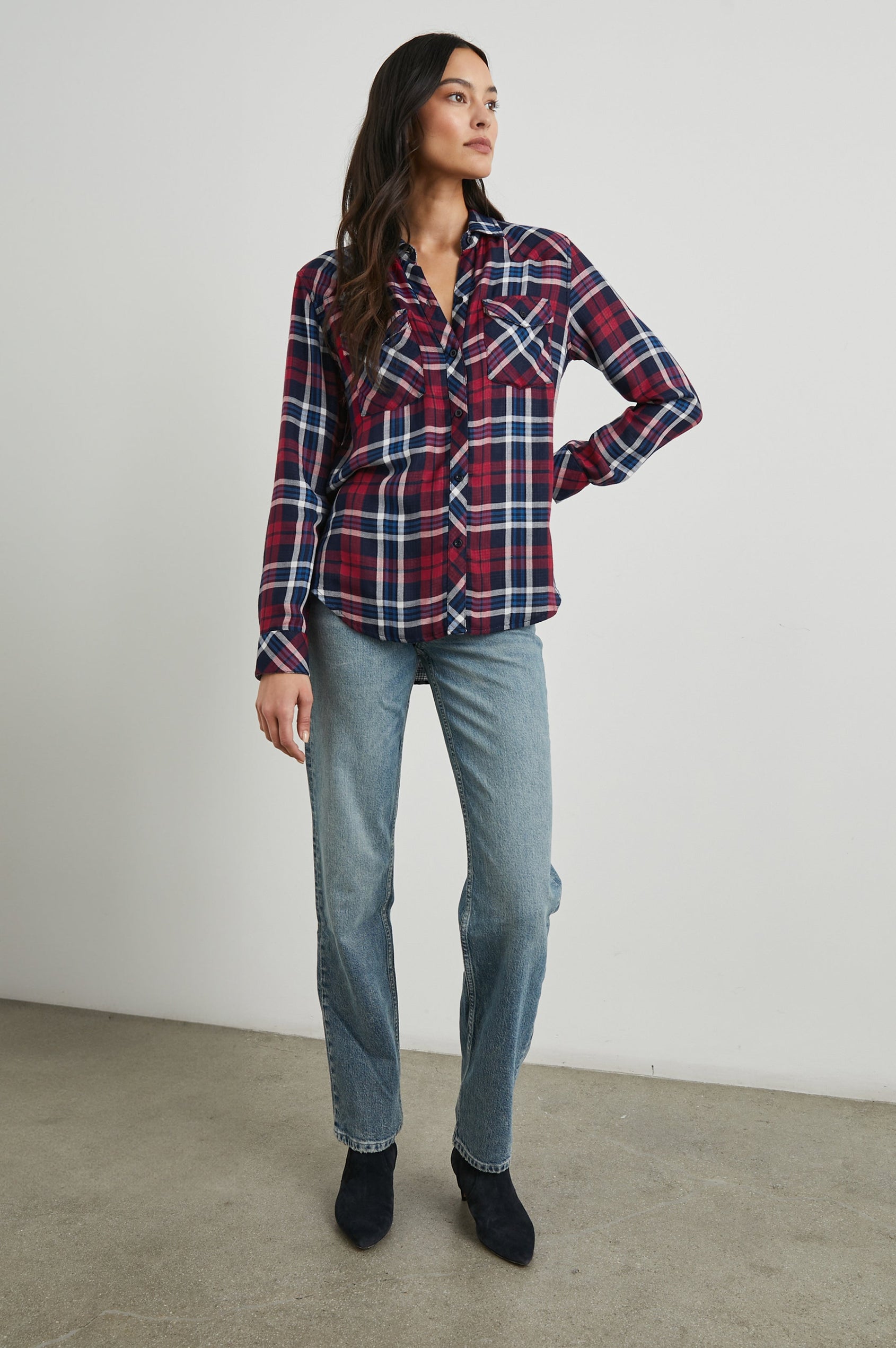 Kendra Long-Sleeve Button Up with Two Chest Button Flap Pockets in Navy Red White Colorway, a Plaid with an Interior Black and White Plaid - Front Full Body View Featured on Model