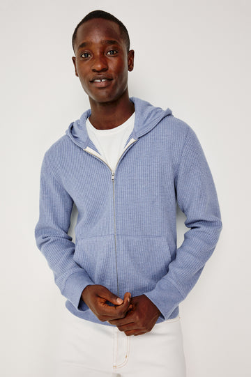 Kenton Waffle Knit Zip Front Hoodie Sweatshirt With Front Patch Pockets, Long Sleeves, and Ribbed Cuffs - Upper Body Front View Featured on Model