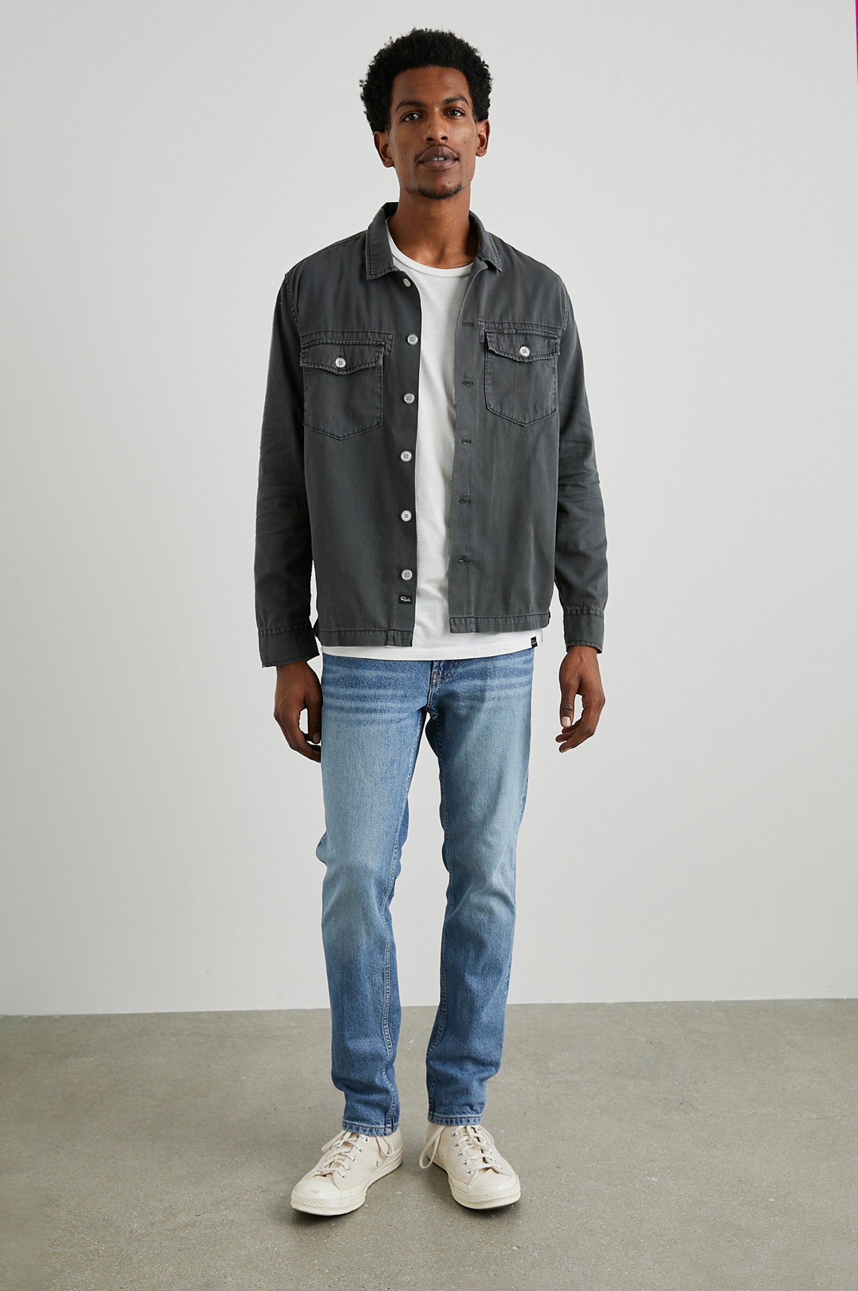 Kerouac Long-Sleeve Shirt Jacket with Button Closure and Two Button Chest Flap Pockets in Charcoal Colorway  - Front Unbuttoned Full Body View Featured on Model