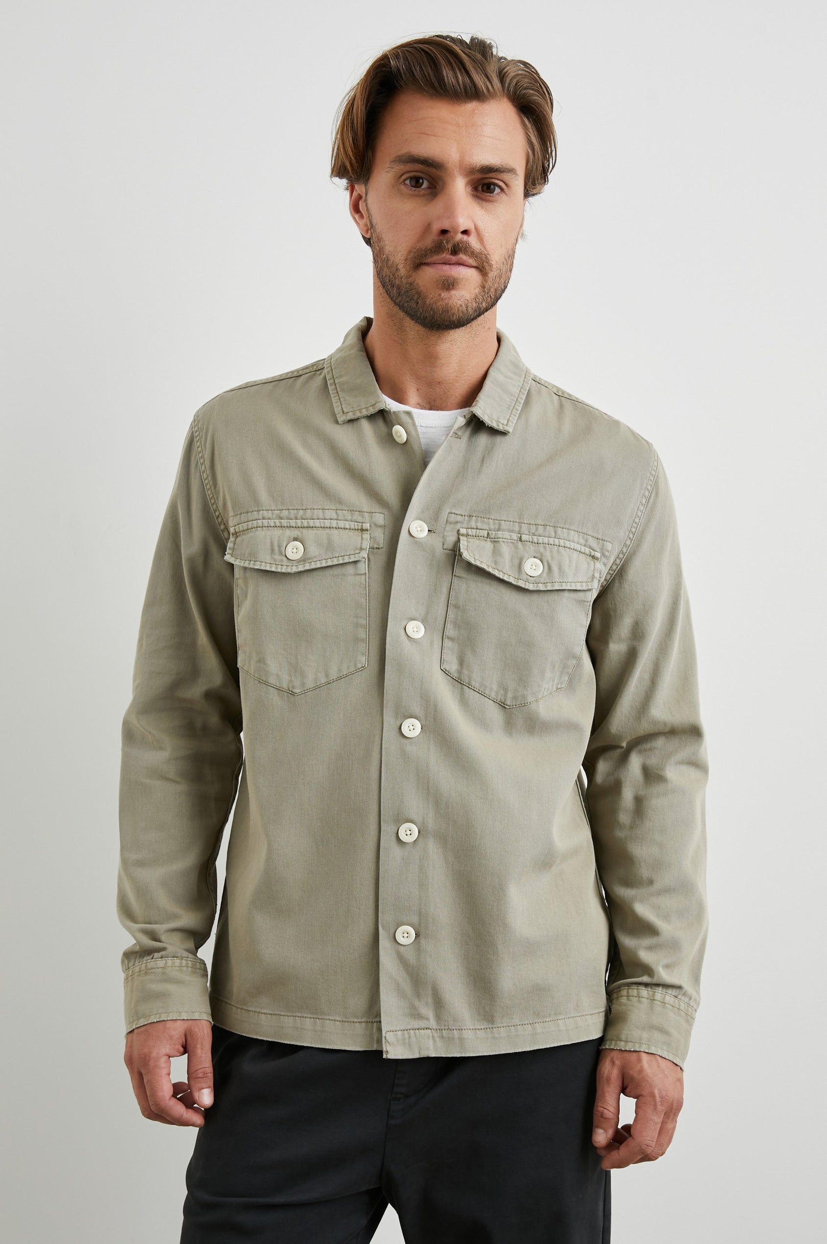 Kerouac Long-Sleeve Shirt Jacket with Button Closure and Two Button Chest Flap Pockets in Natural Colorway  - Front View Featured on Model