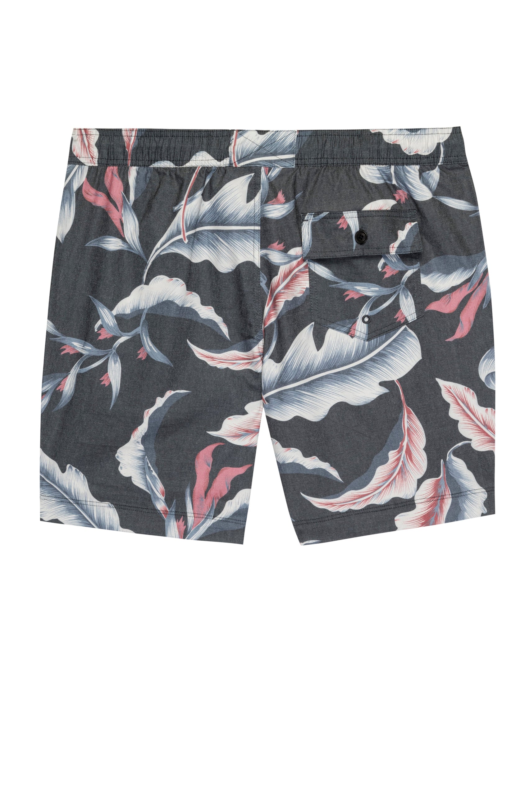 Kian Swim Shorts with an Elastic Drawstring Waistband, Two Front Pockets and a Back Button Flap Pocket in Paradise Nights Colorway, a Floral Print in Pinks, Blues and White on Black - Back View 