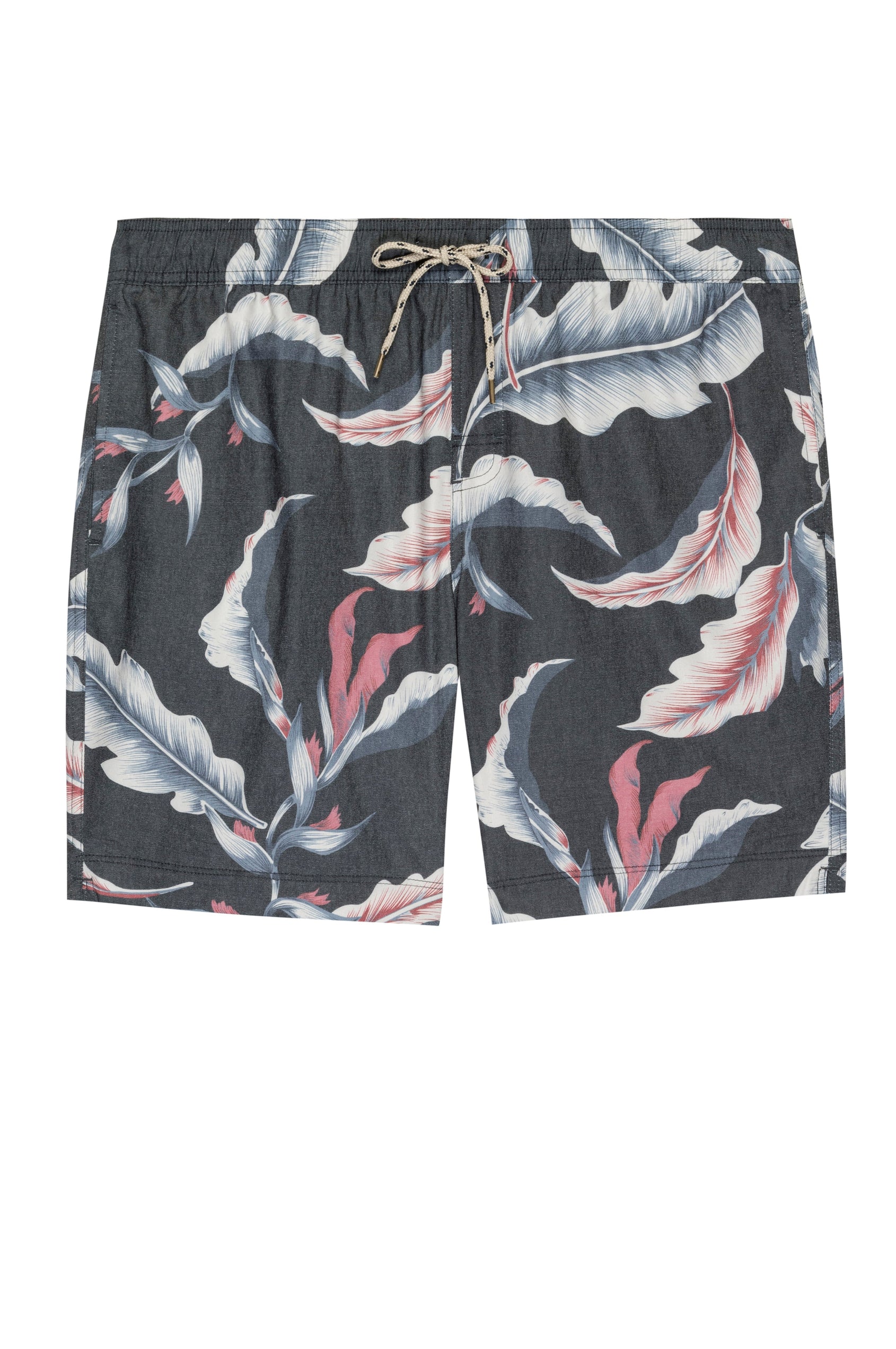 Kian Swim Shorts with an Elastic Drawstring Waistband, Two Front Pockets and a Back Button Flap Pocket in Paradise Nights Colorway, a Floral Print in Pinks, Blues and White on Black - Front View 