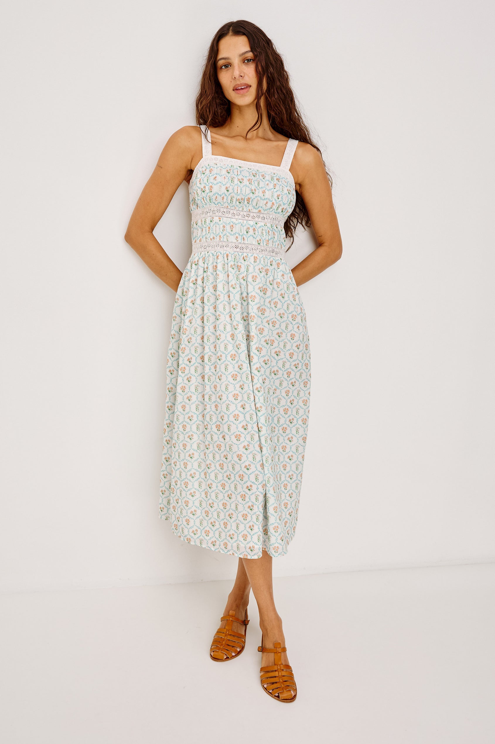 Kimiko Midi Dress in Cotton Voile With Crochet Trim, Fitted Shirred Bodice, Wide Straps, Square Neckline, Smocked Back, Adjustable Shoulder Straps, and Side Zipper in Peach Peony Colorway -