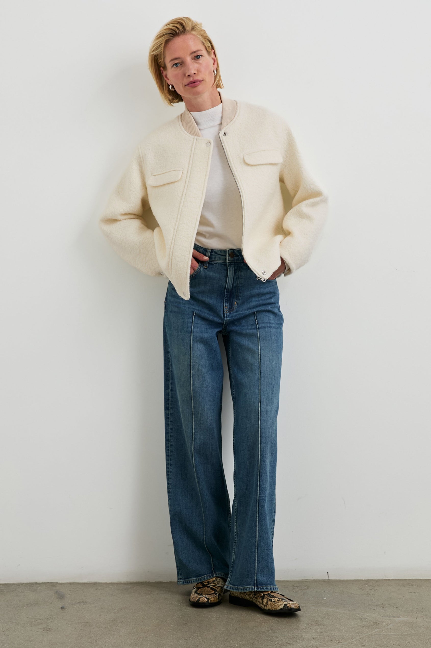 Kinsley Jacket with Zipper and Snap Closure, Two Chest Welt Flap Pockets and two Front Pockets in Ivory Colorway - Front Full Body View Featured on Model