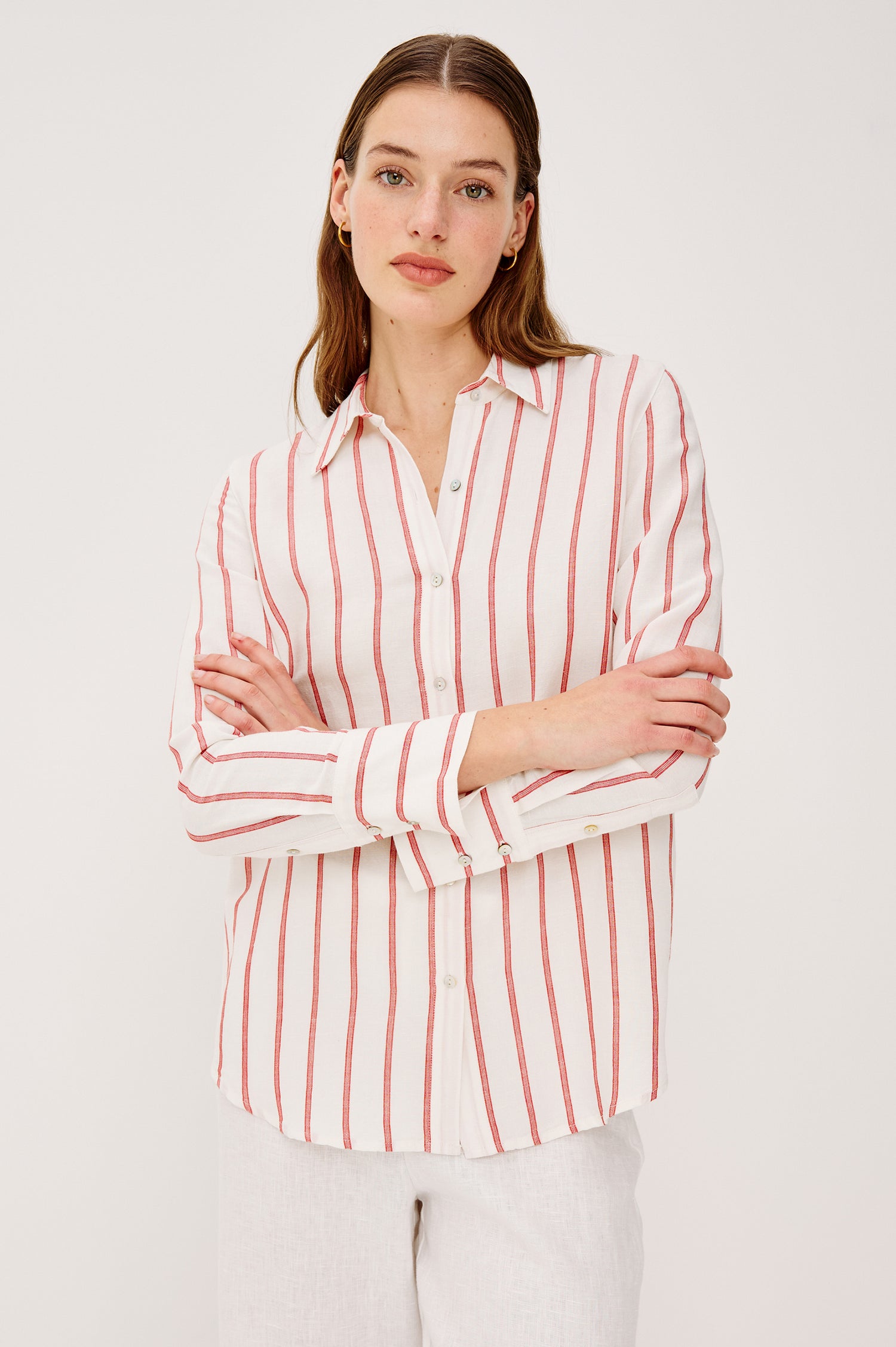 Knox Button-Up Shirt in Linen Viscose With Collar Front Buttons Long Sleeves and Relaxed Fit in Scarlet Ivory Stripe Colorway - Upper Body Front View Featured on Model