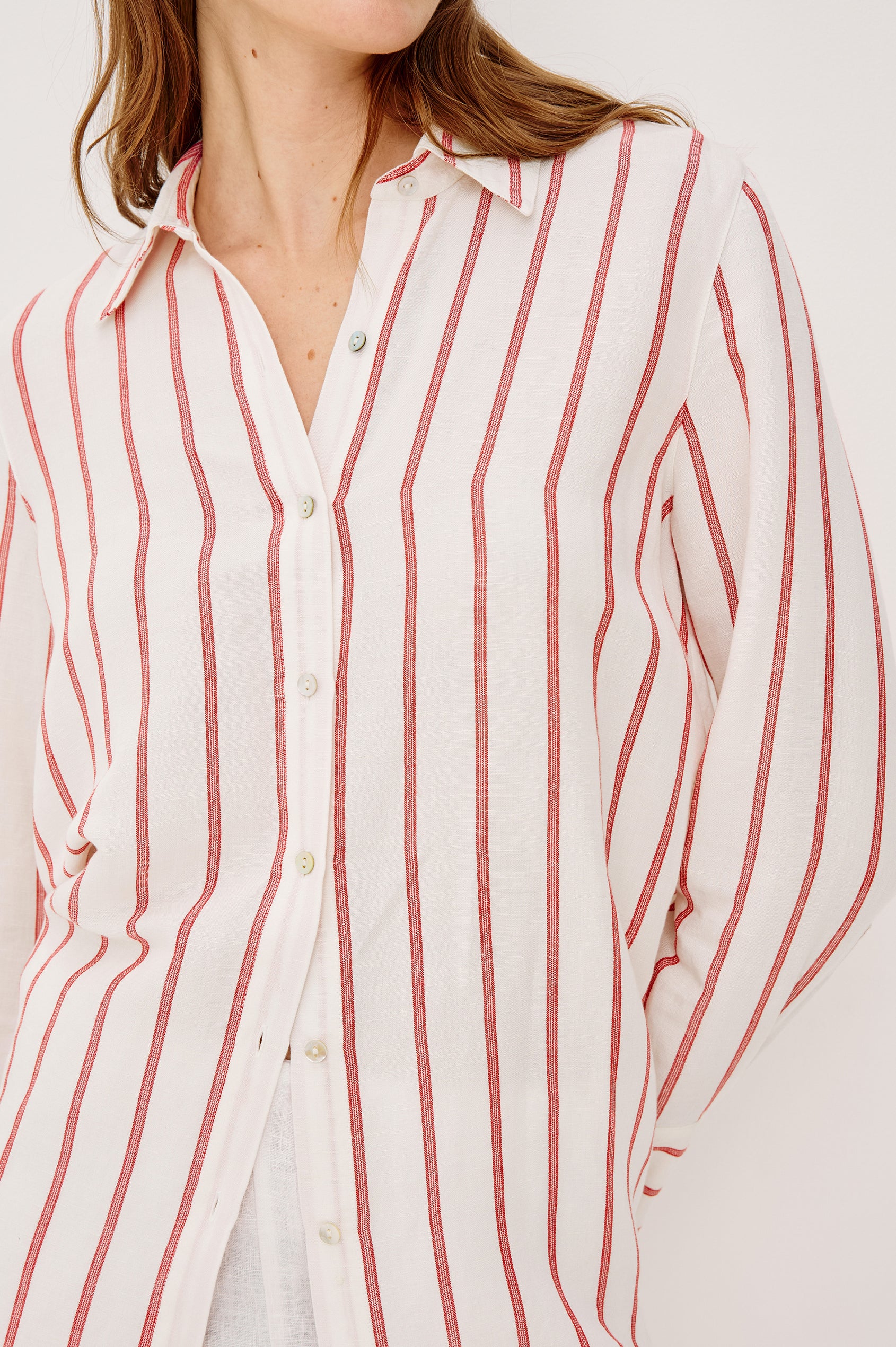 Knox Button-Up Shirt in Linen Viscose With Collar Front Buttons Long Sleeves and Relaxed Fit in Scarlet Ivory Stripe Colorway - Upper Body Close Up View Featured on Model