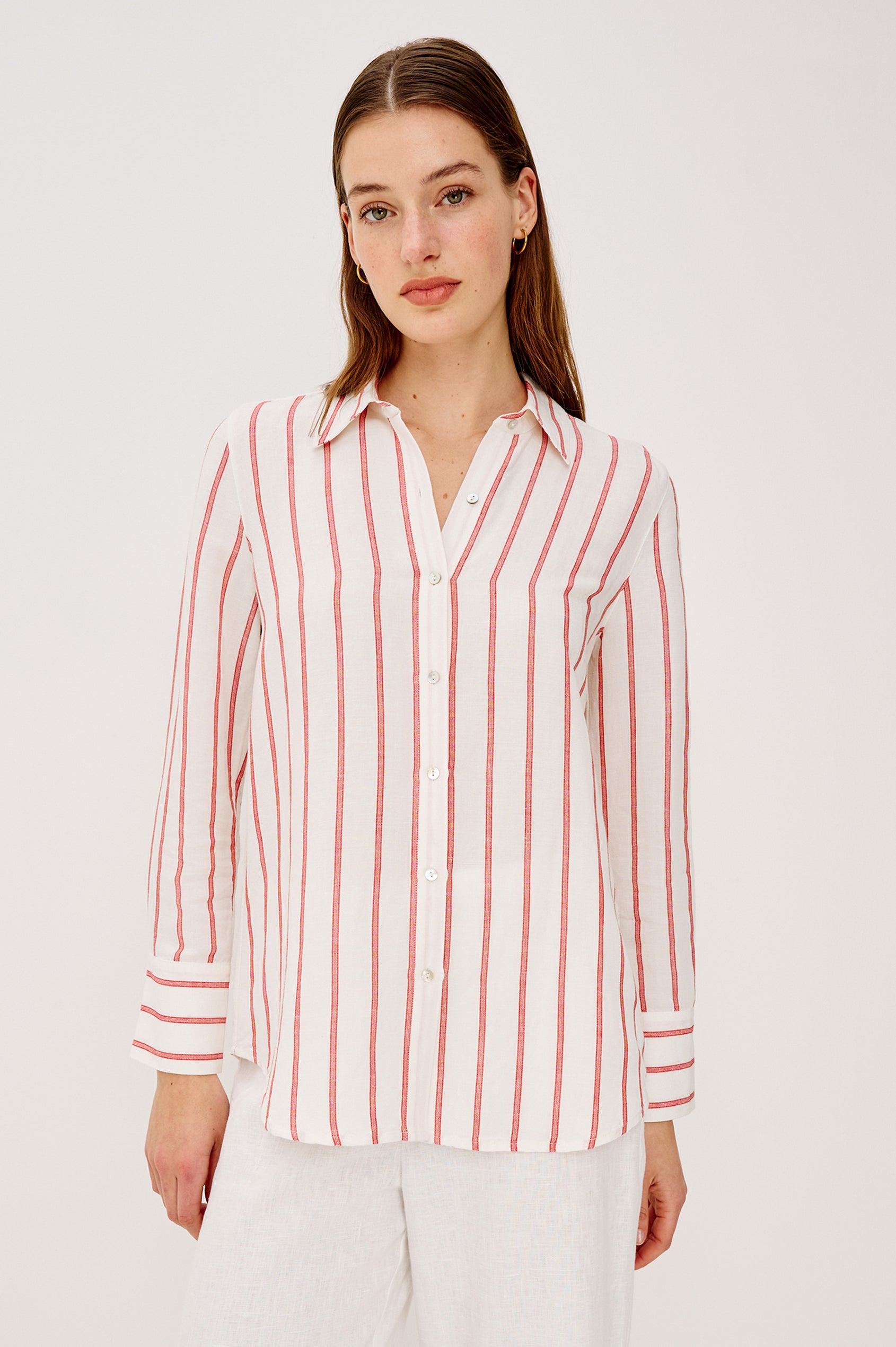 Knox Button-Up Shirt in Linen Viscose With Collar Front Buttons Long Sleeves and Relaxed Fit in Scarlet Ivory Stripe Colorway - Upper Body Back View Featured on Model