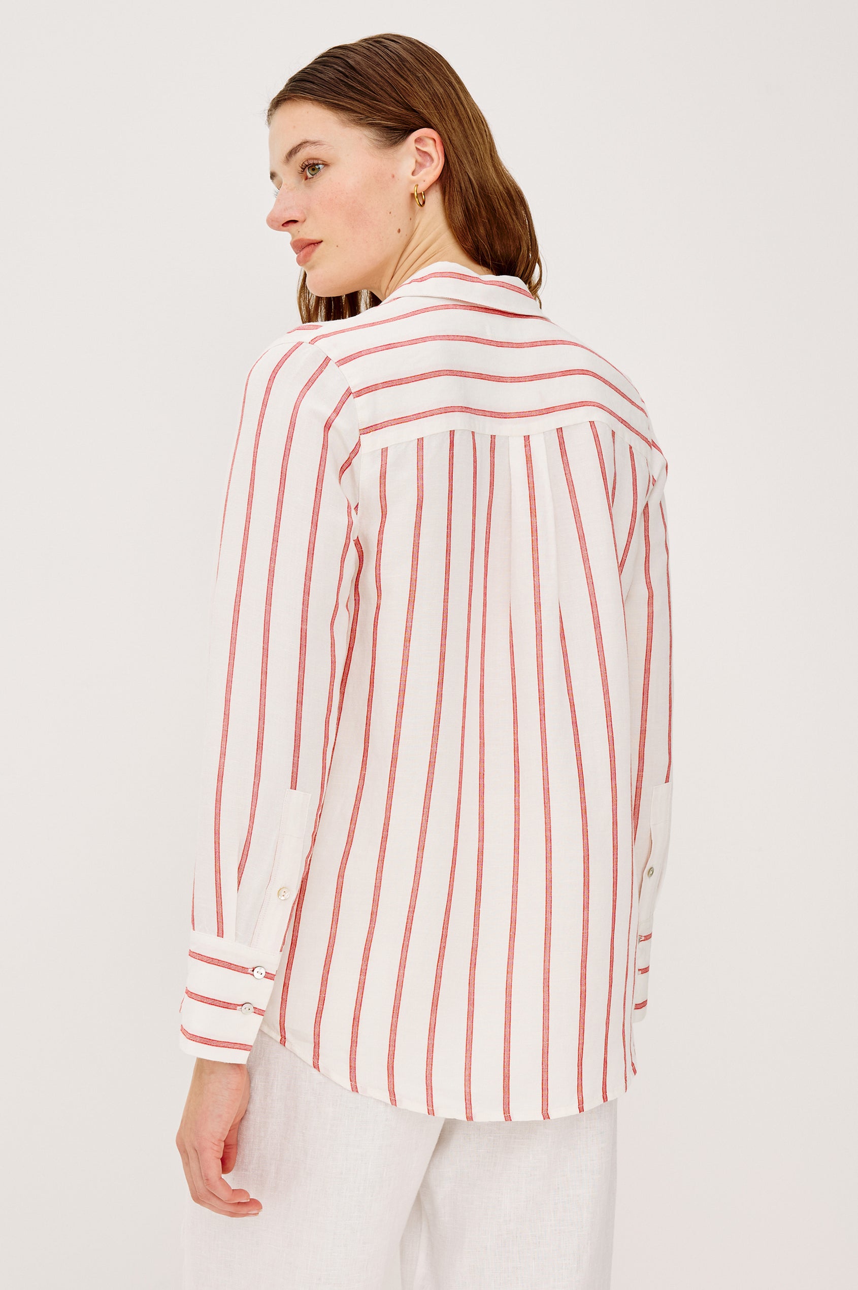 Knox Button-Up Shirt in Linen Viscose With Collar Front Buttons Long Sleeves and Relaxed Fit in Scarlet Ivory Stripe Colorway - Upper Body Front View Featured on Model