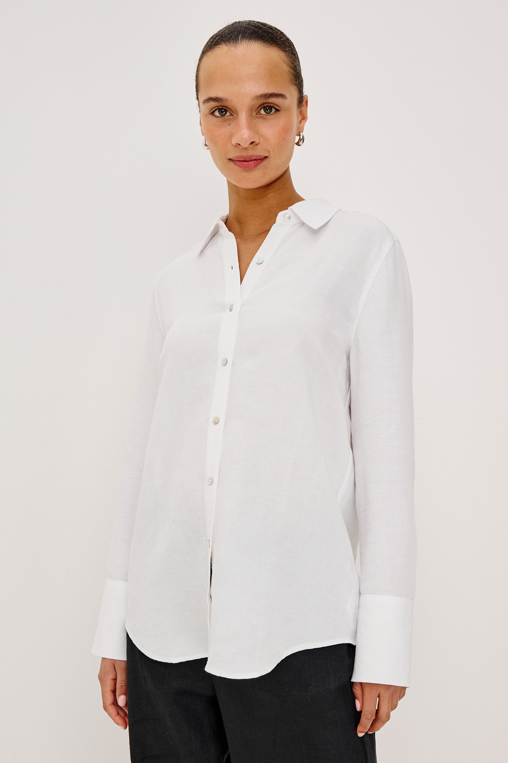 Knox Button-Up Shirt in Linen Viscose With Collar, Front Buttons, Long Sleeves, and Relaxed Fit in White Colorway - Upper Body Front View Featured on Model