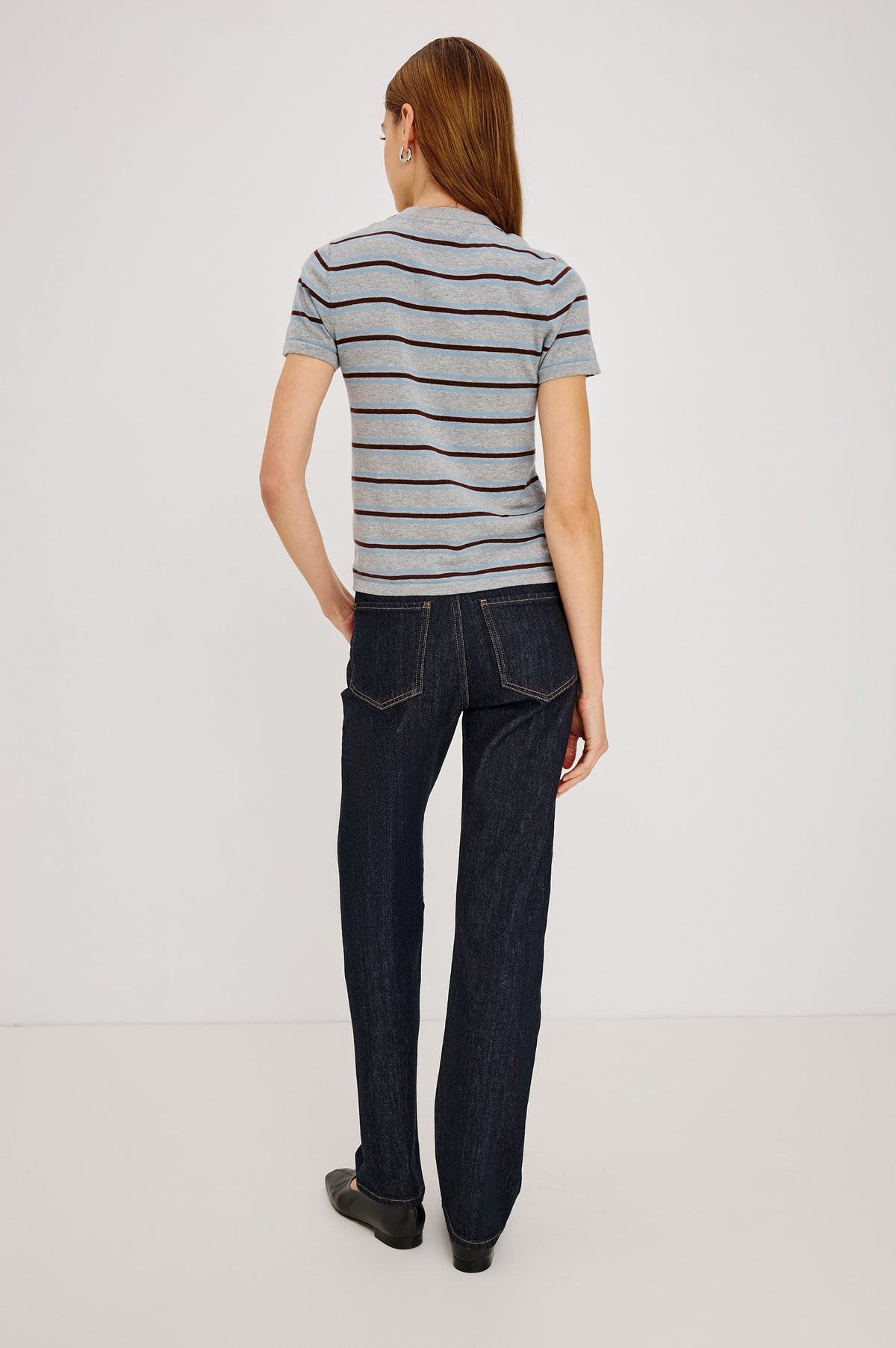 Kylie Top in Cotton-Cashmere Blend With Classic Fit, Crew Neck, and Front Buttons in Heather Sky Colorway - Full Body Back View Featured on Model