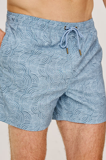 La Brea Mid-Length Swim Shorts With Adjustable Waist Drawstring Ties and Side Pockets in Conch Blue Colorway - Lower Body Front View Featured on Model