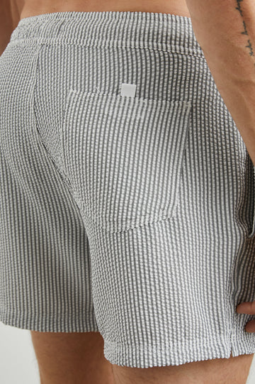 La Brea Swim Shorts with a Drawstring Waist, Two Front Pockets and a Back Patch Pocket in Faded Seersucker Colorway, Grey and white thin vertical stripes - Back View Featured on Model