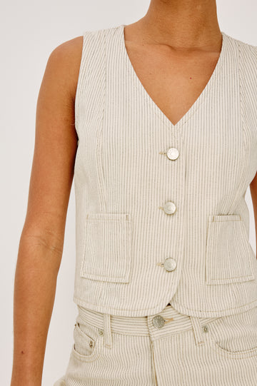 La Jolla Vest With V-Neck, Front Buttons, and Sleeveless Cut in Ecru Railroad Stripe Colorway - Upper Body Front View Featured on Model