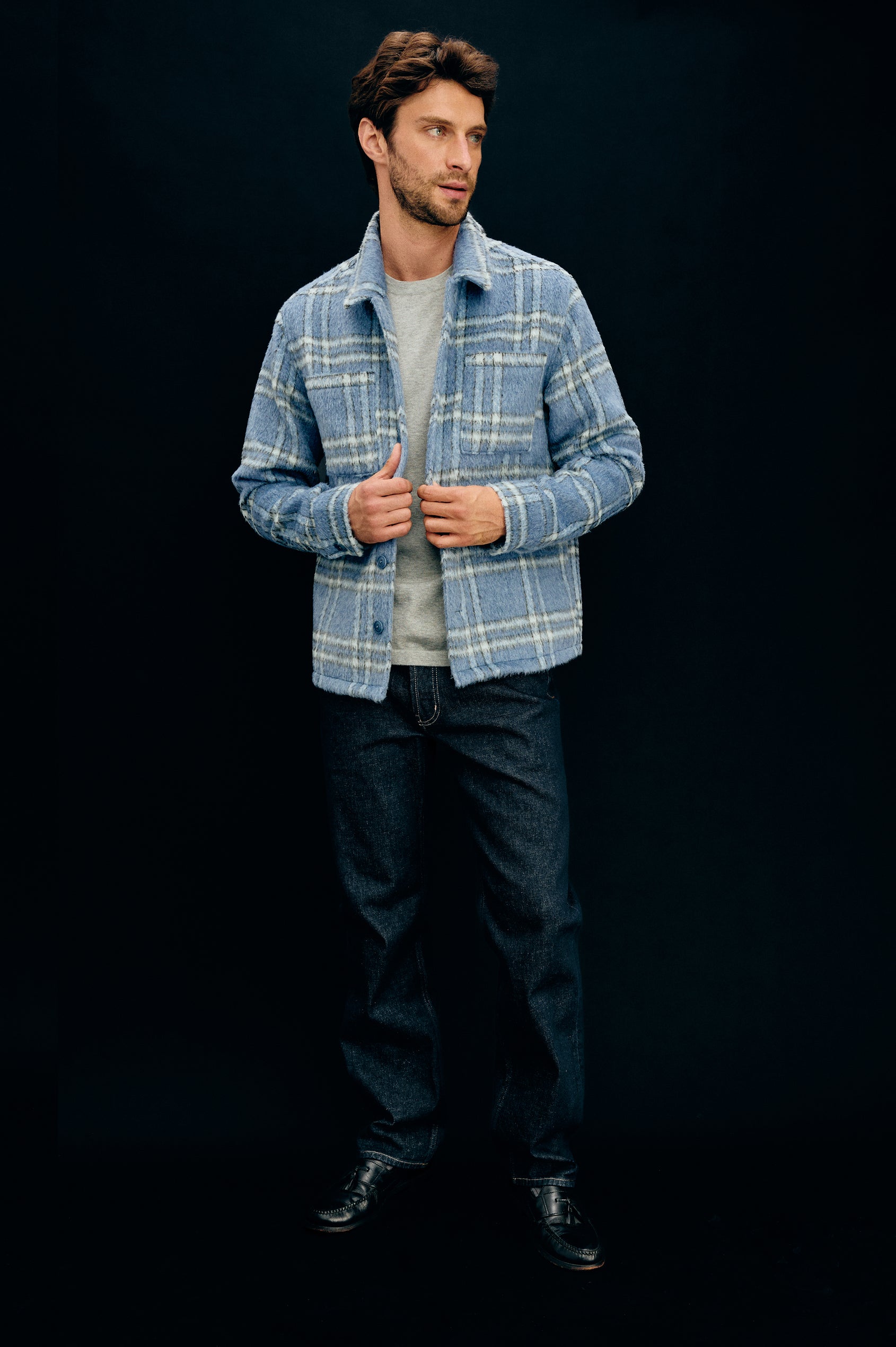 Lachlan Shirt Jacket With Collar, Front Buttons, Chest Patch Pockets, and Long Sleeves, and is Fully Lined in Blue Lotus Colorway - Full Body Front View Featured on Model