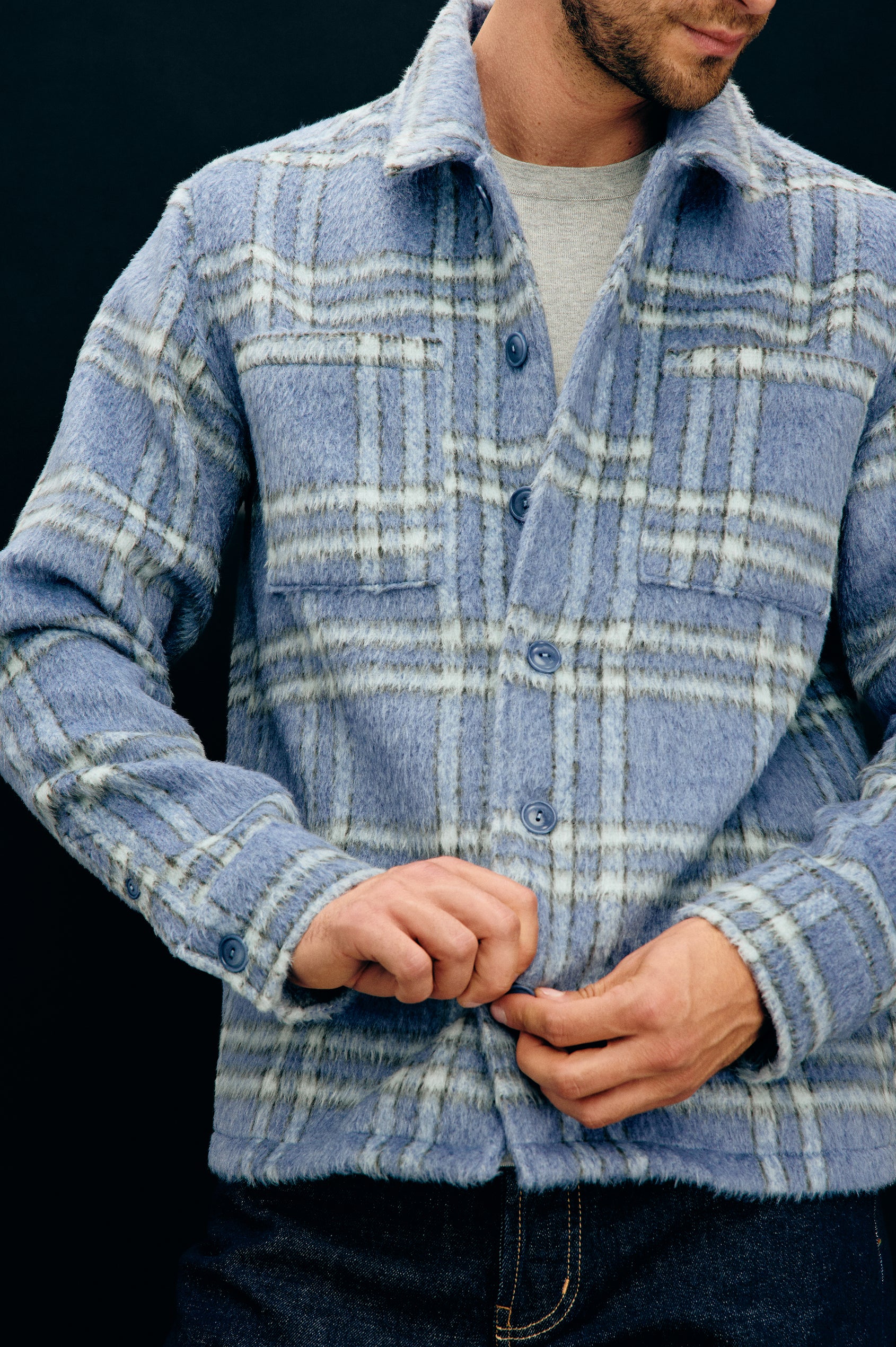 Lachlan Shirt Jacket With Collar, Front Buttons, Chest Patch Pockets, and Long Sleeves, and is Fully Lined in Blue Lotus Colorway - Upper Body Front View Featured on Model