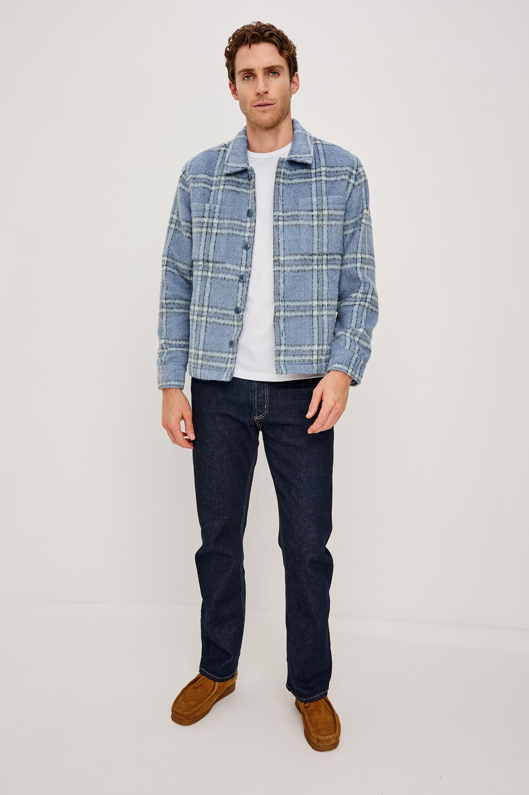 Lachlan Shirt Jacket With Collar, Front Buttons, Chest Patch Pockets, and Long Sleeves, and is Fully Lined in Blue Lotus Colorway - Full Body Front View Featured on Model