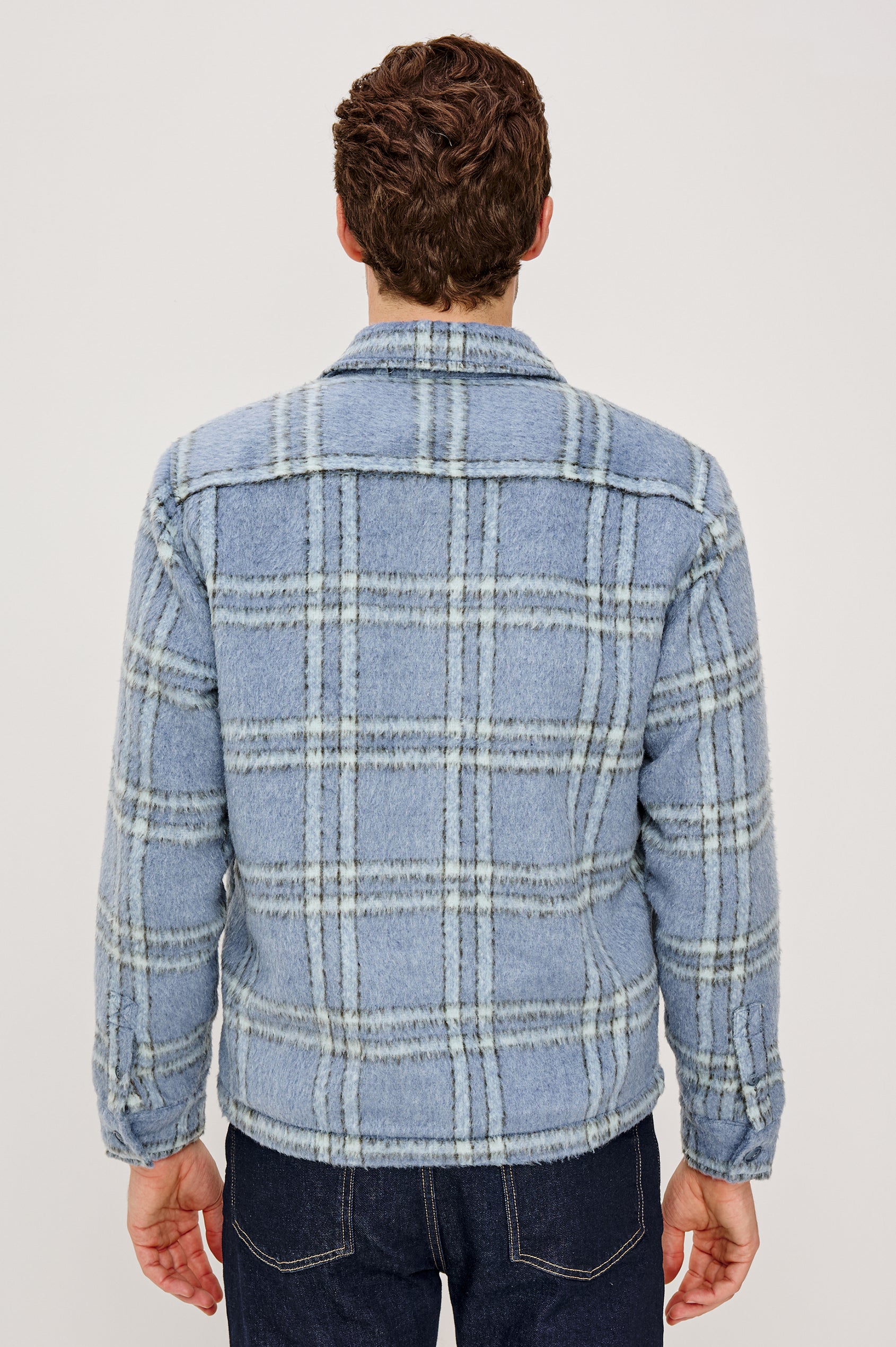 Lachlan Shirt Jacket With Collar, Front Buttons, Chest Patch Pockets, and Long Sleeves, and is Fully Lined in Blue Lotus Colorway - Upper Body Back View Featured on Model