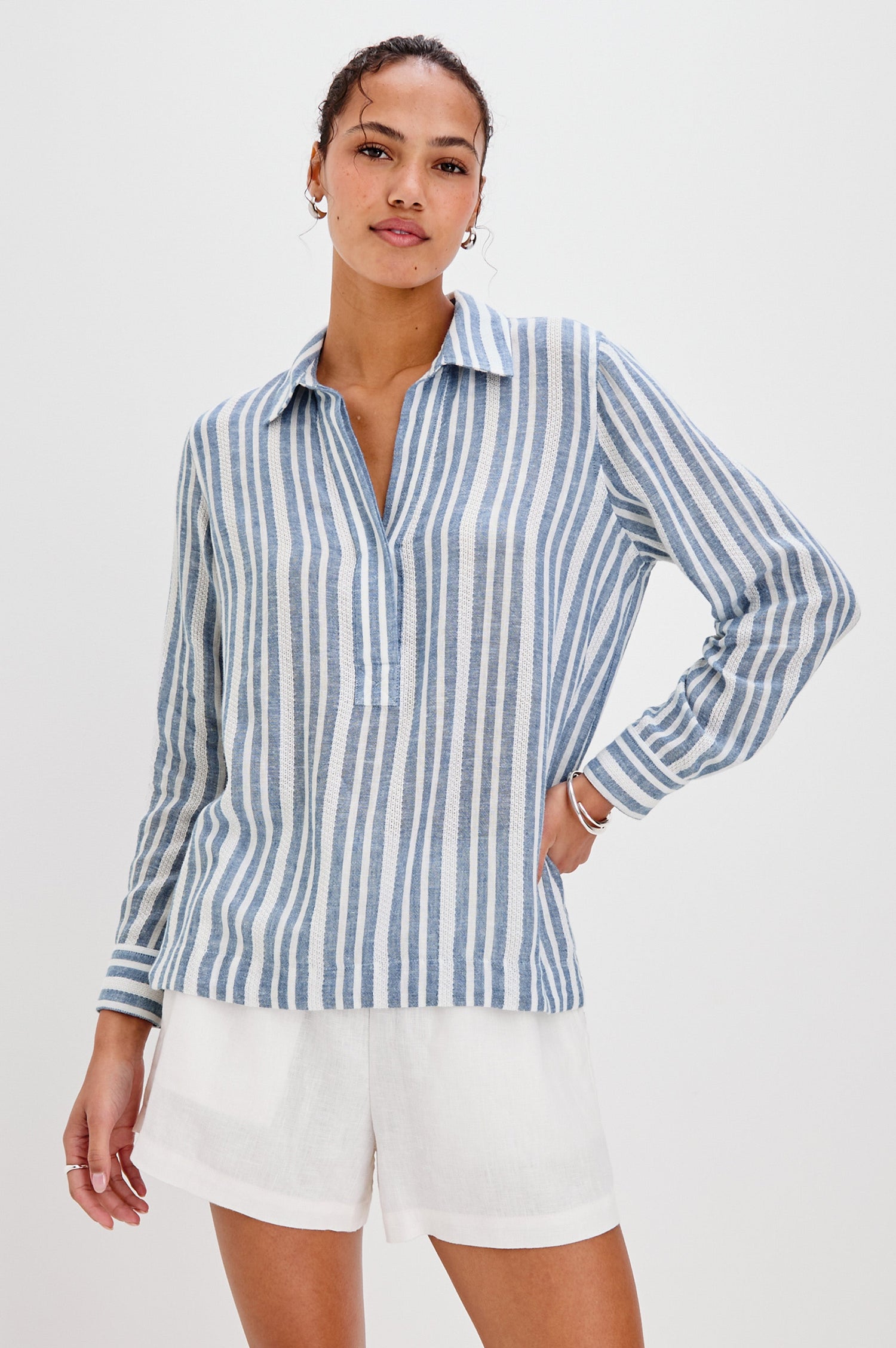 Lagoon Collared Shirt with Long Sleeves and a Hidden Half Button Front Placket in Jalisco Colorway. Front View Shown on Model.