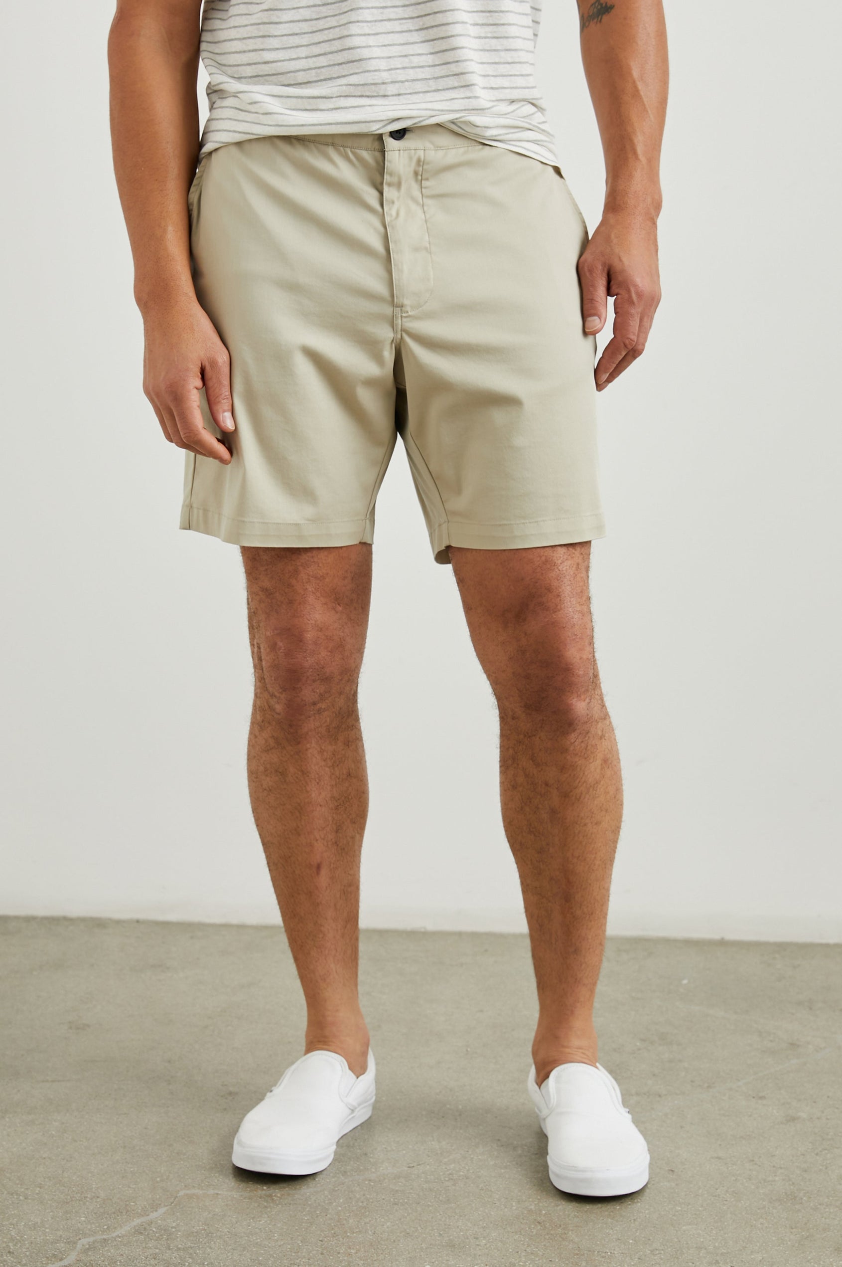 Laguna Shorts with Belt Loops, Two Front Pockets with a Zippered Key Pocket and Two Back Button Welt Pockets in Heritage Khaki Colorway - Front View Featured on Model